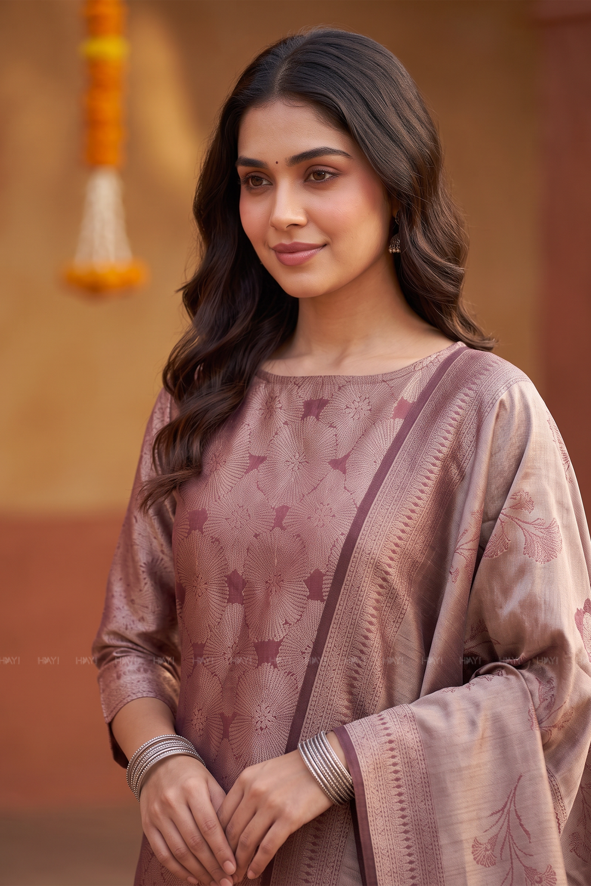 Mauve Sunburst Red Silk Blend Jacquard 2-Piece Set