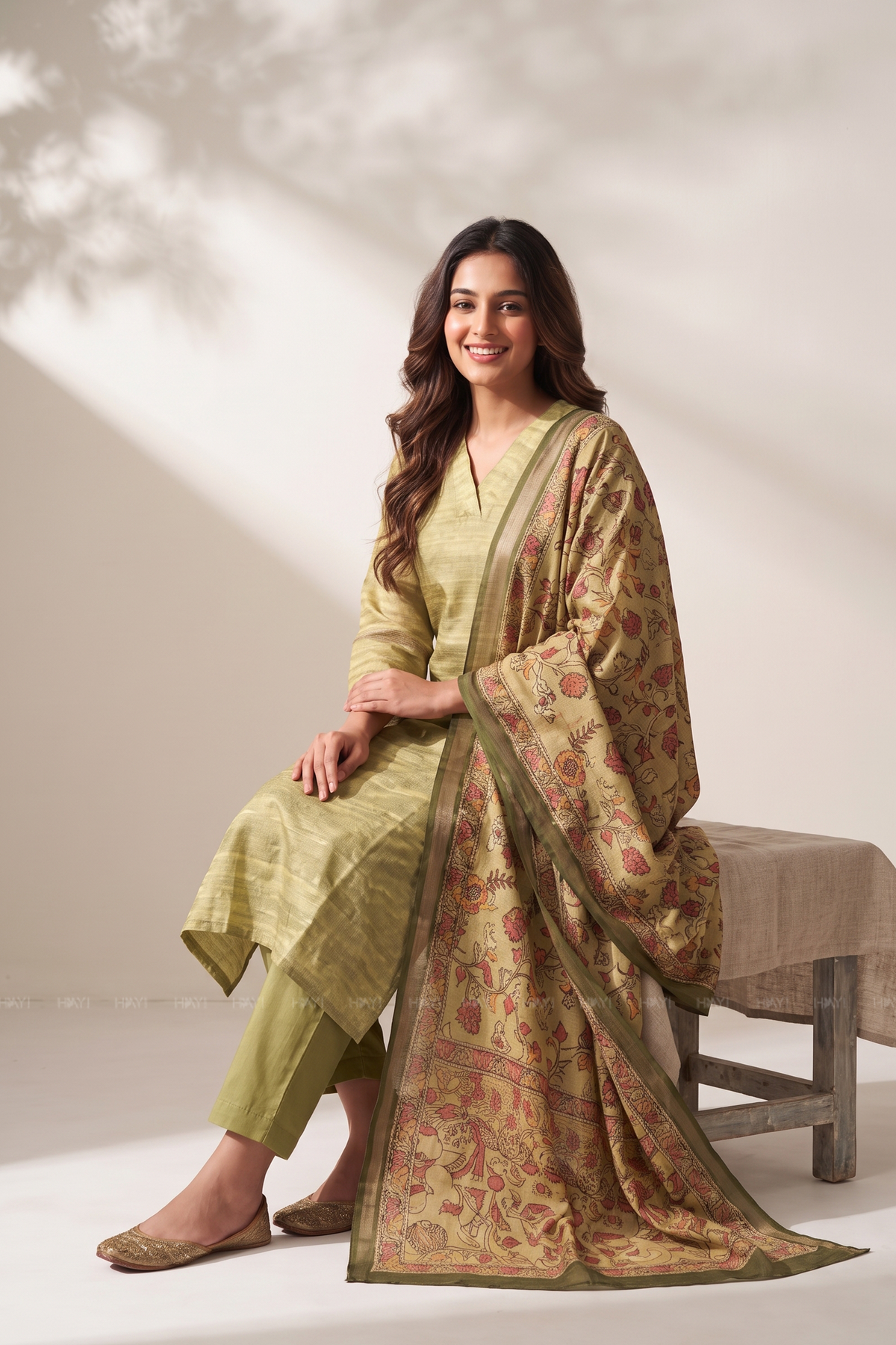 Tanira Green 3-Piece Tussar Silk Blend Floral Printed Kurta with Pant & Dupatta