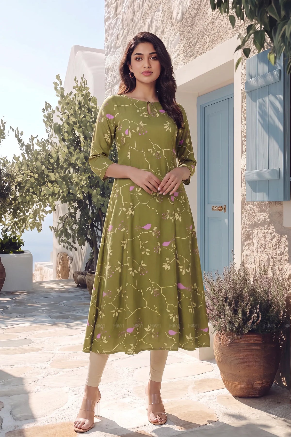 Sparrow Bloom Green Floral Printed Viscose A-Line Kurta for Women