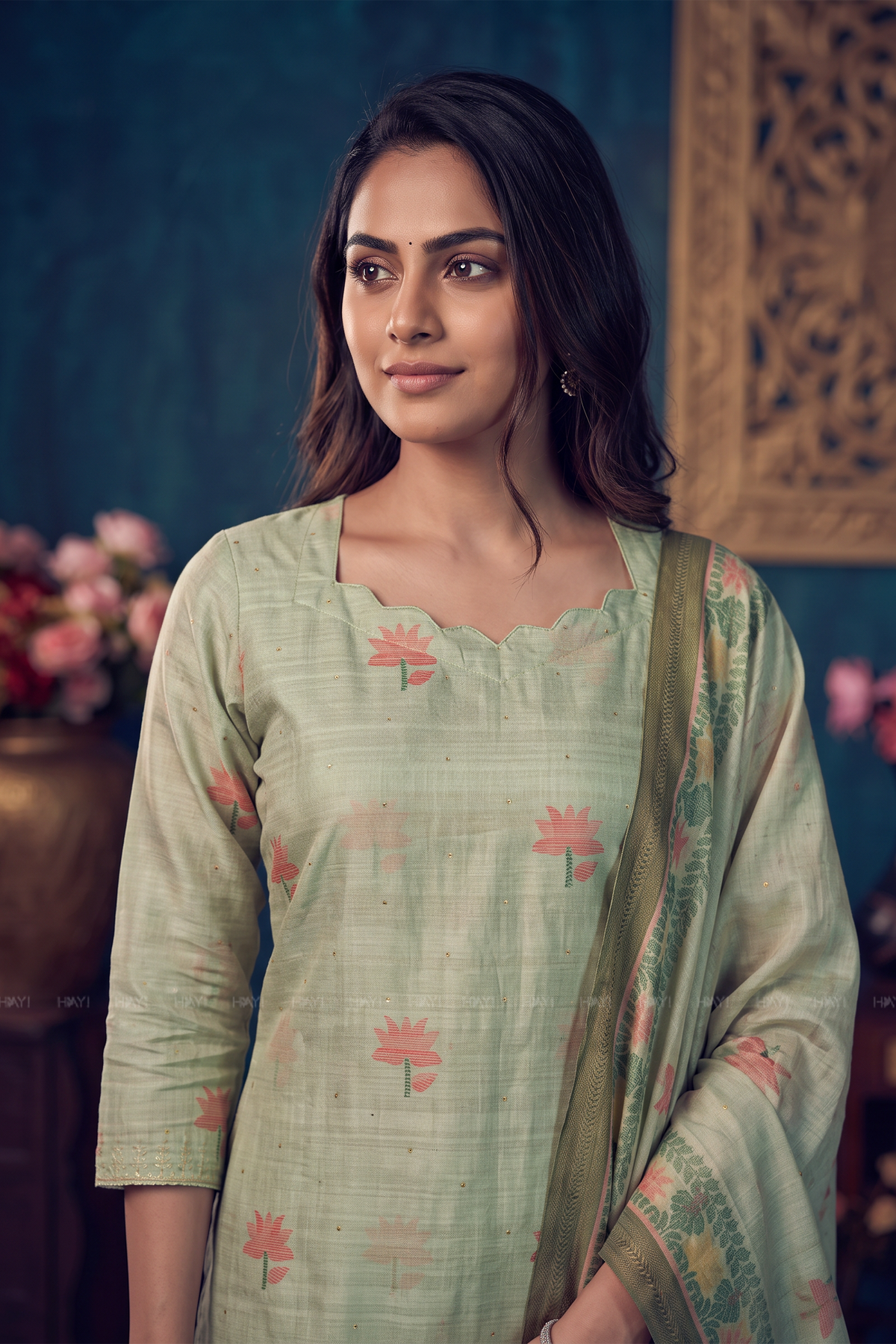 Petal Breeze Green Tussar Silk Blend 3-Piece Printed Kurta Set