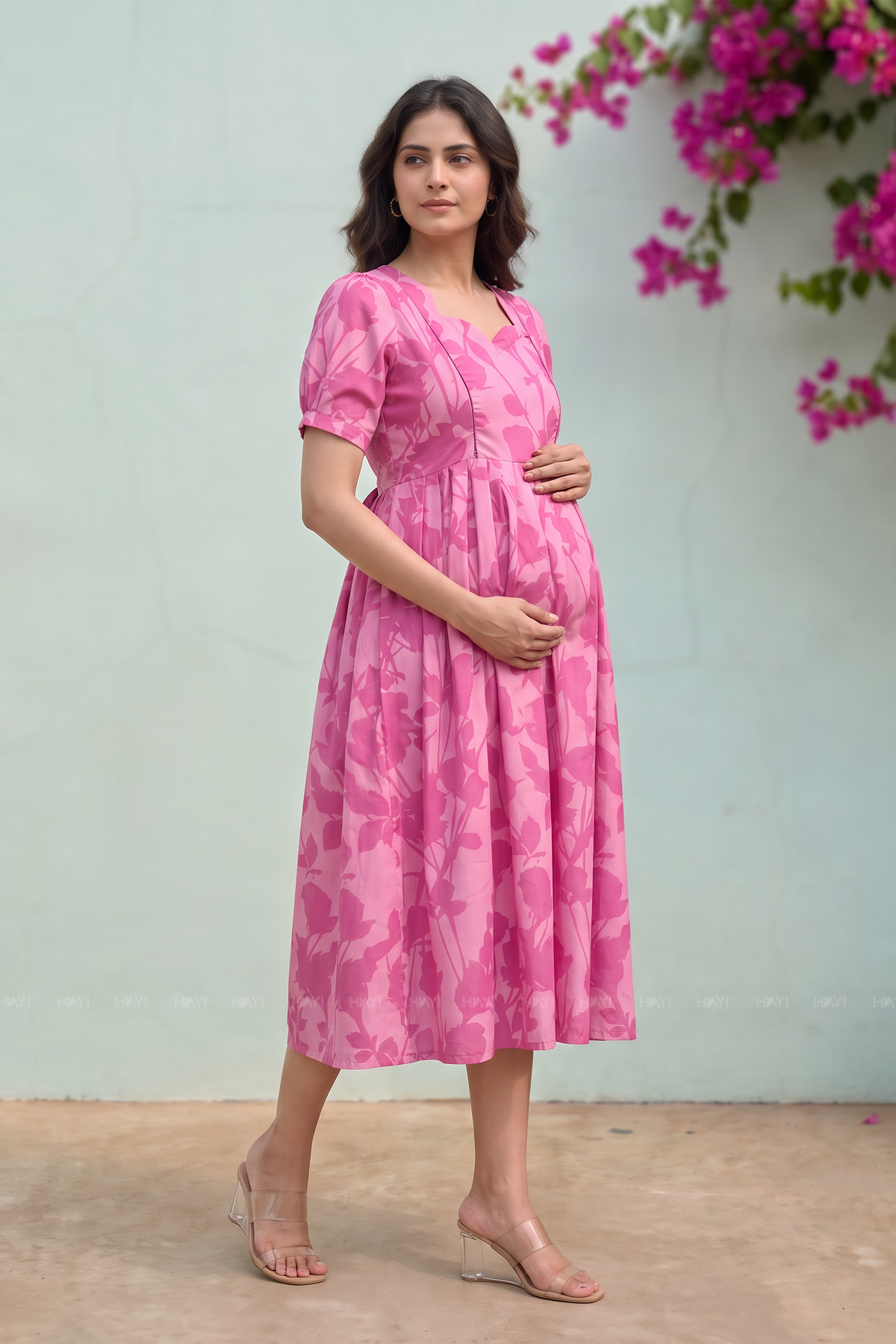 Botanical Trace Pink Printed Cotton Blend Maternity Dress