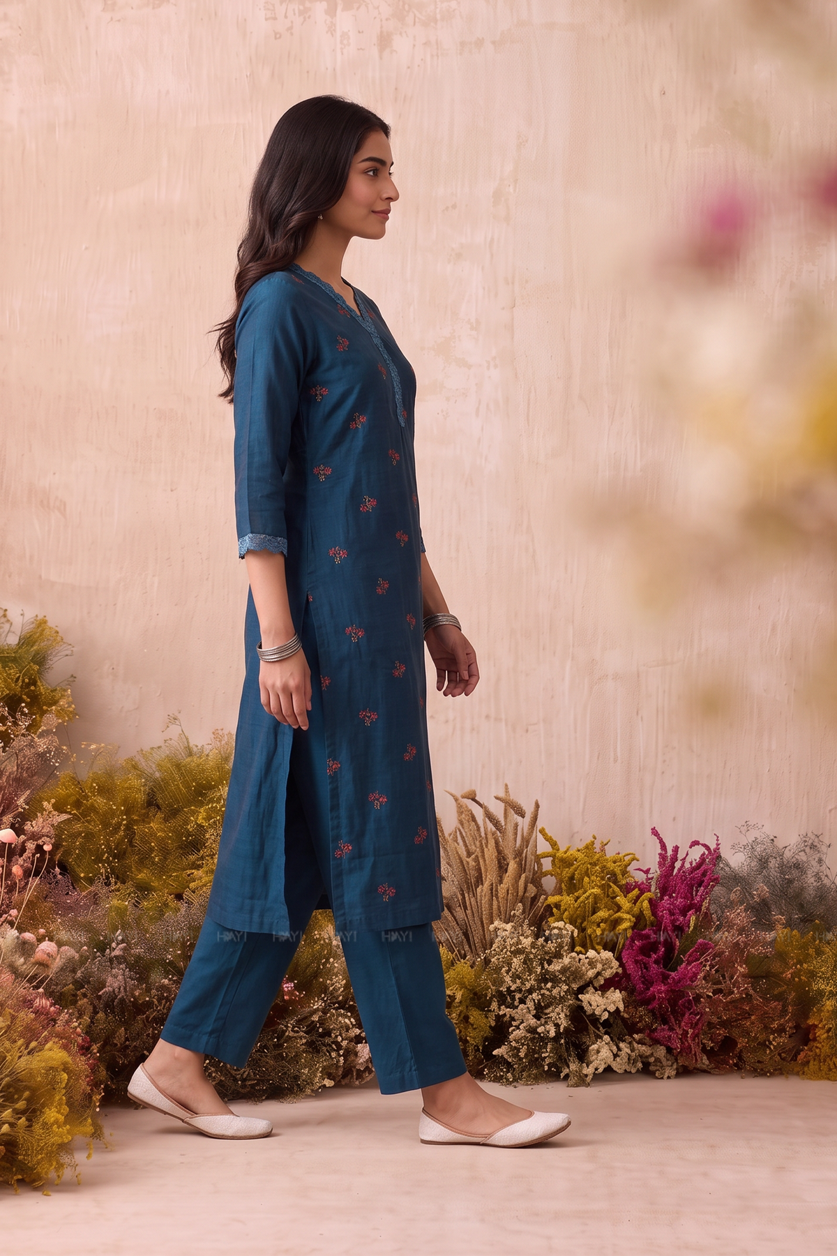 Floral Laceway Teal Silk Blend Embroidered 3-Piece Kurta Set