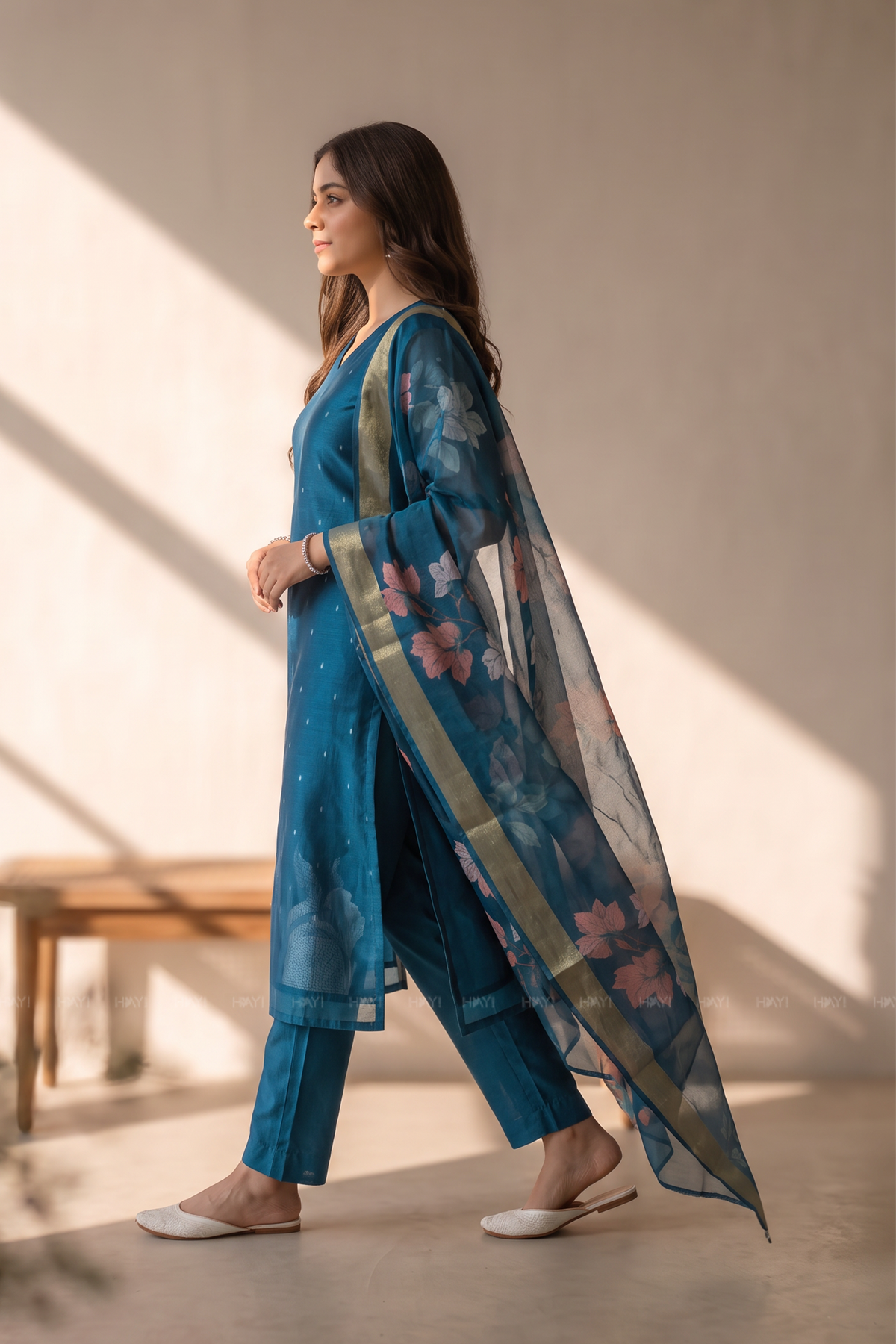 Ocean Blossom Blue Silk Blend Butti Printed 3-Piece Kurta Set