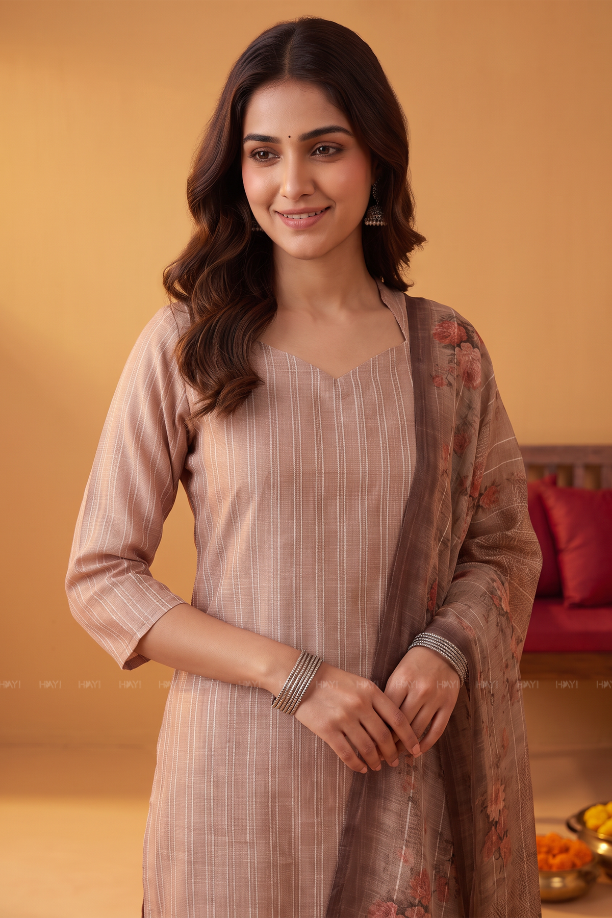 Rose Grace Beige Tussar Silk Blend 3-Piece Printed Kurta Set