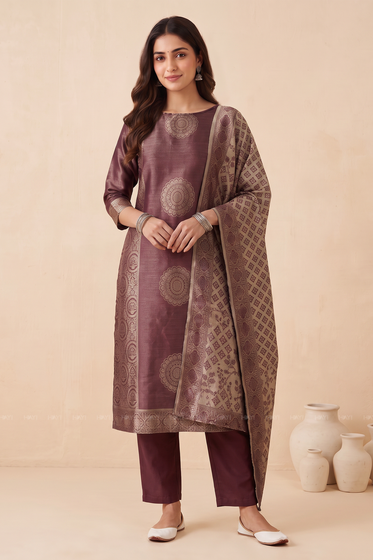Zaribloom Maroon Silk Blend Jacquard 2-Piece Set
