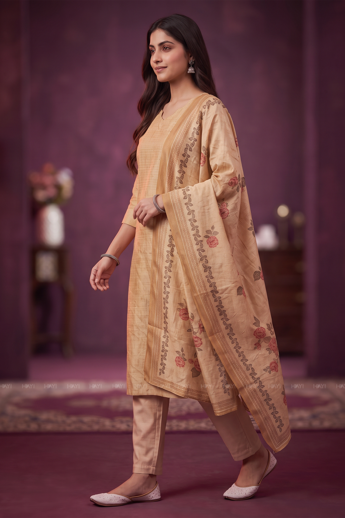 Golden Petal Yellow Tussar Silk Blend 3-Piece Printed Kurta Set