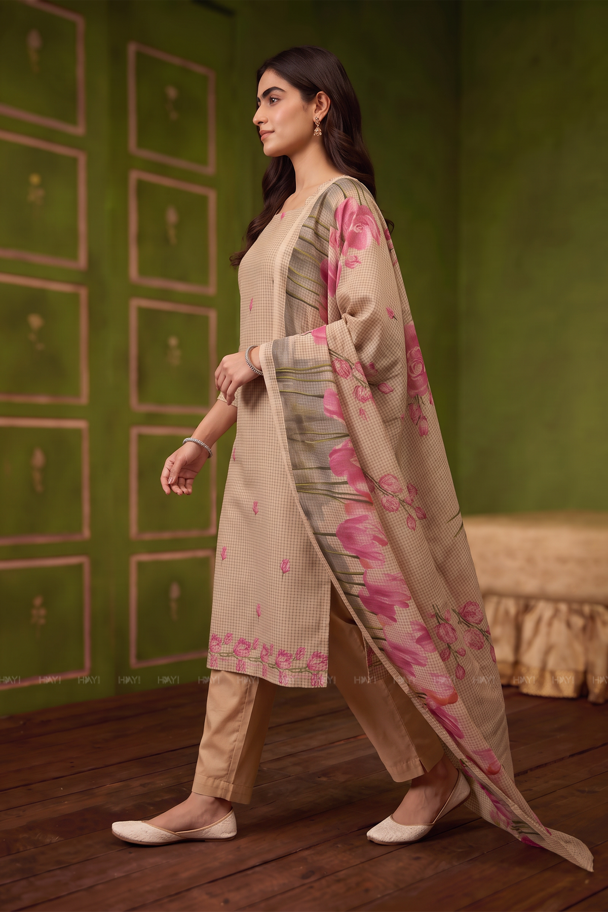 Blush Elegance Beige Silk Blend Printed 3-Piece Kurta Set