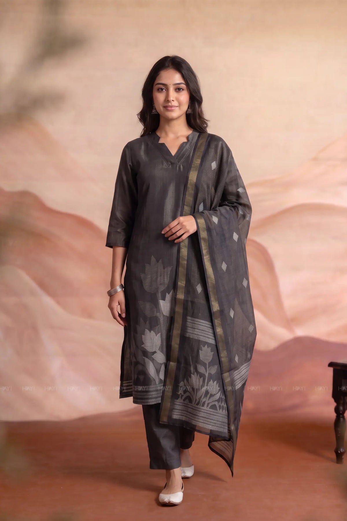 Celestial Drift Black Silk Blend 3-Piece Kurta Set with Dupatta