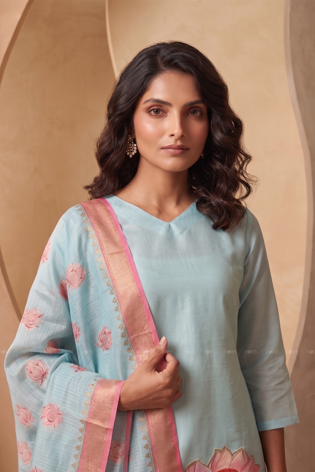 Lotus Mist Blue Printed 3 Piece Shimmer Tissue Kurti Set with Dupatta