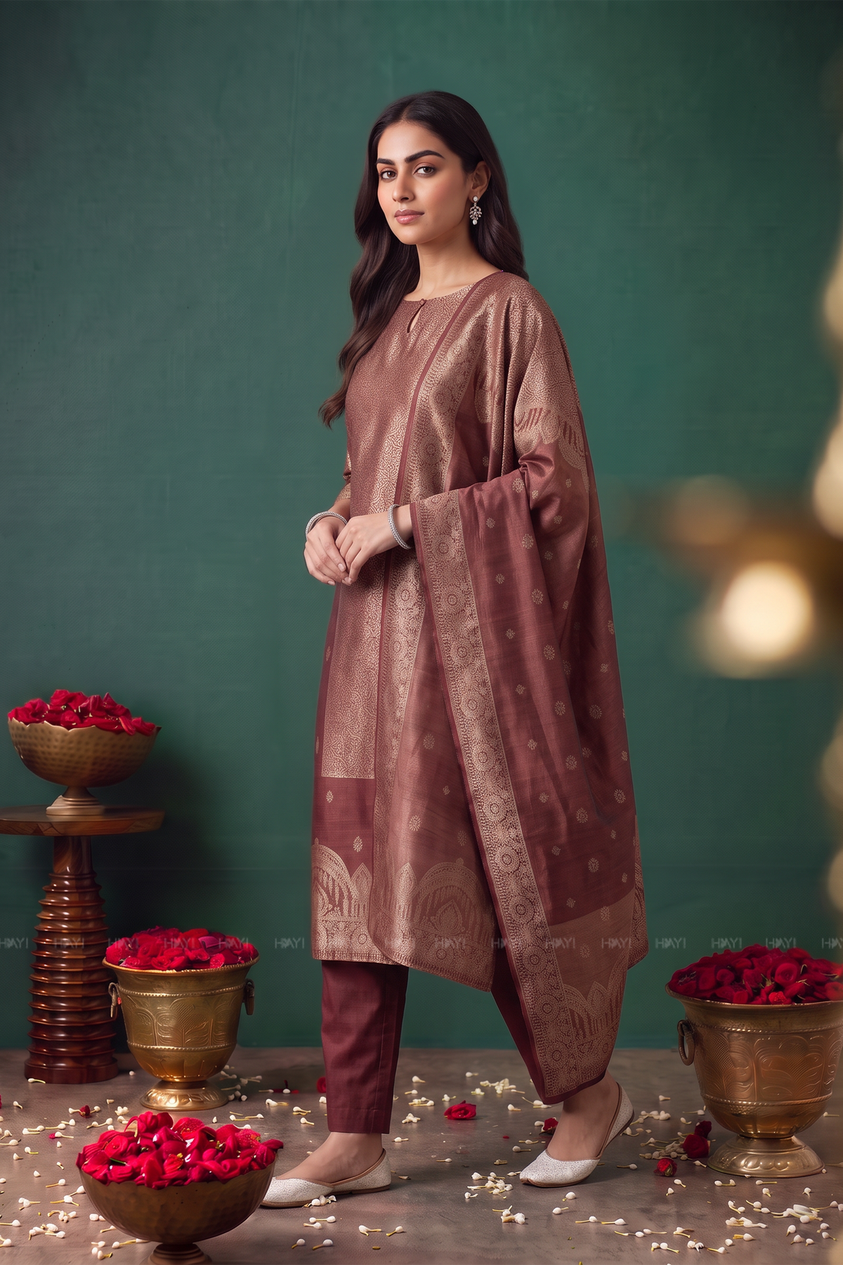 Roselle Red Silk Blend Jacquard 2-Piece Straight Kurta Set