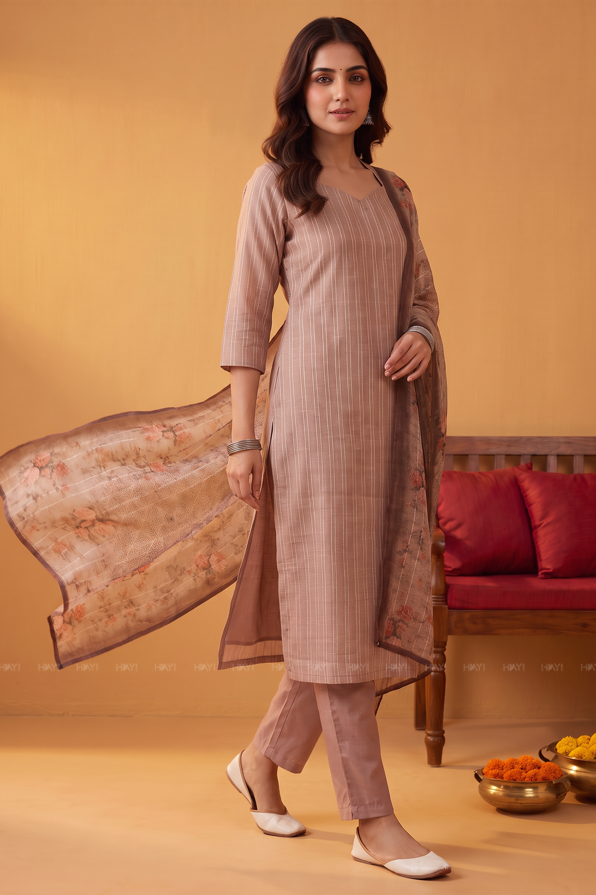 Rose Grace Beige Tussar Silk Blend 3-Piece Printed Kurta Set