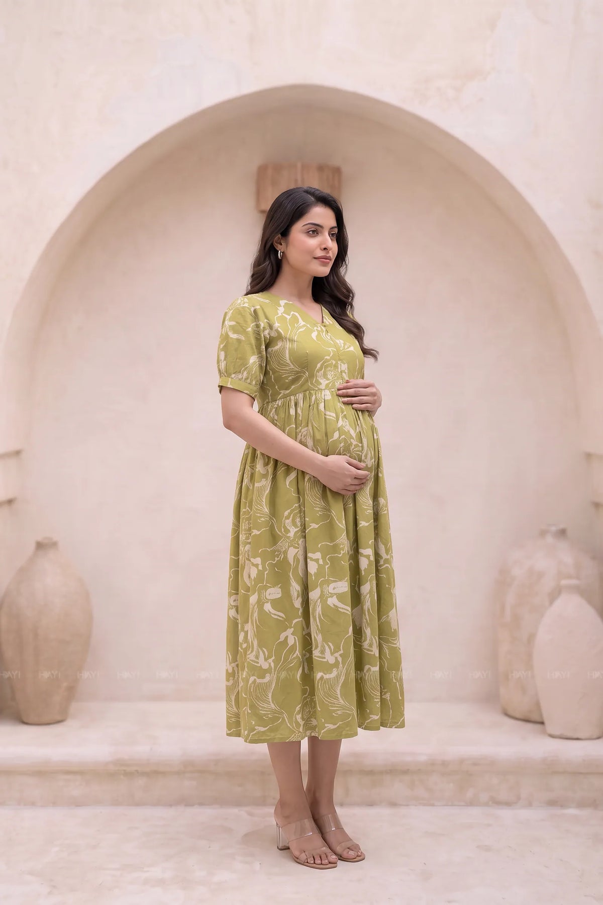 Garden Abstract Green Printed Maternity Maxi Dress