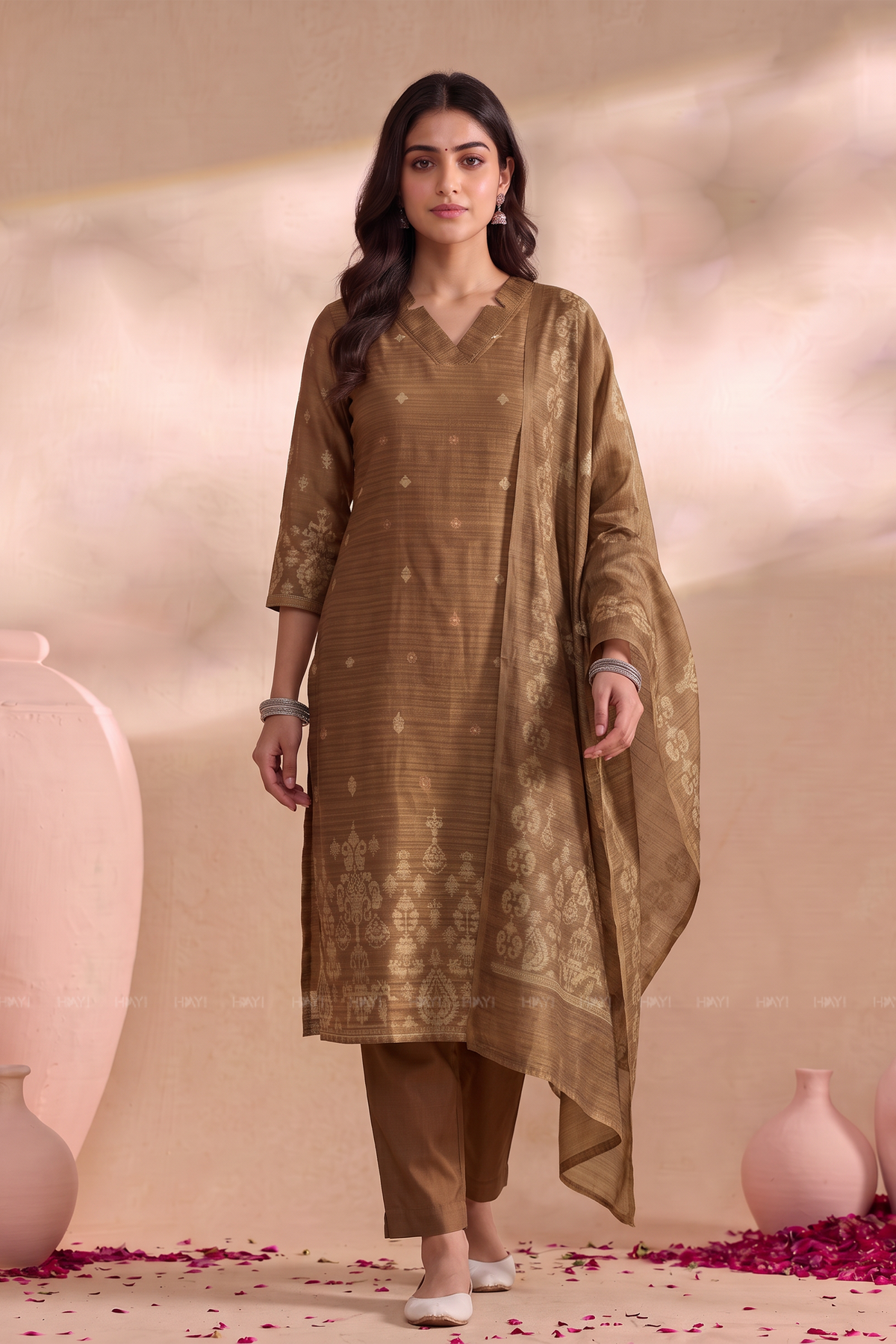 Oakwood Elegance Golden Yellow Silk Blend Printed 3-Piece Kurta Set