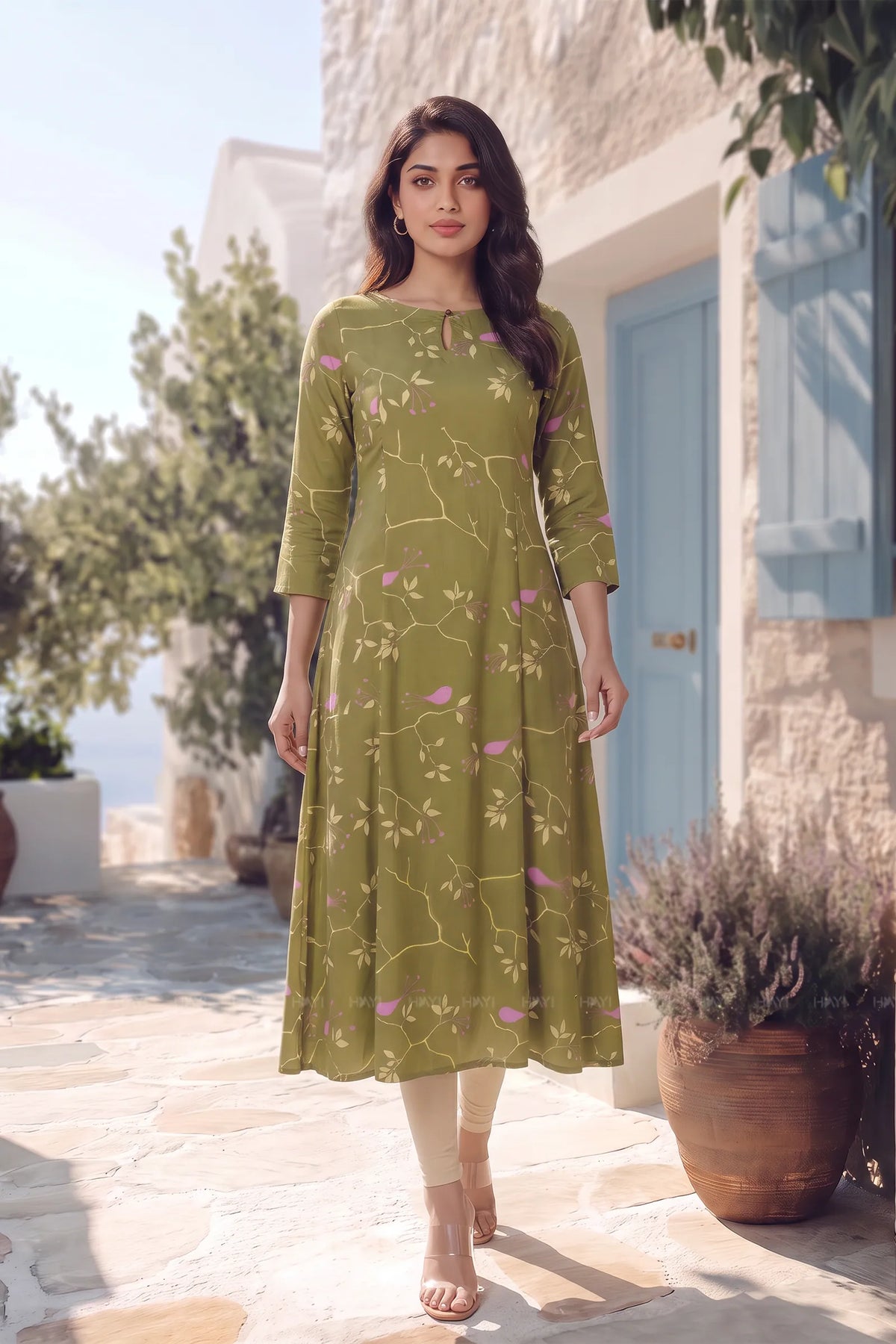 Sparrow Bloom Green Floral Printed Viscose A-Line Kurta for Women
