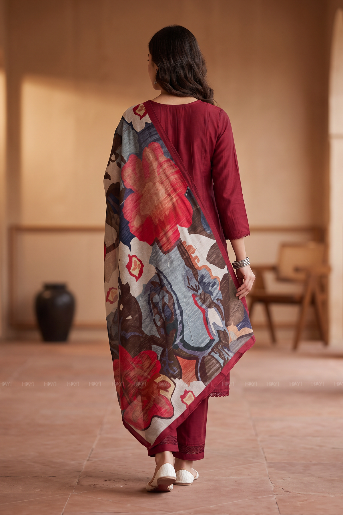 Berry Cascade Red Silk Blend Printed 3-Piece Kurta Set