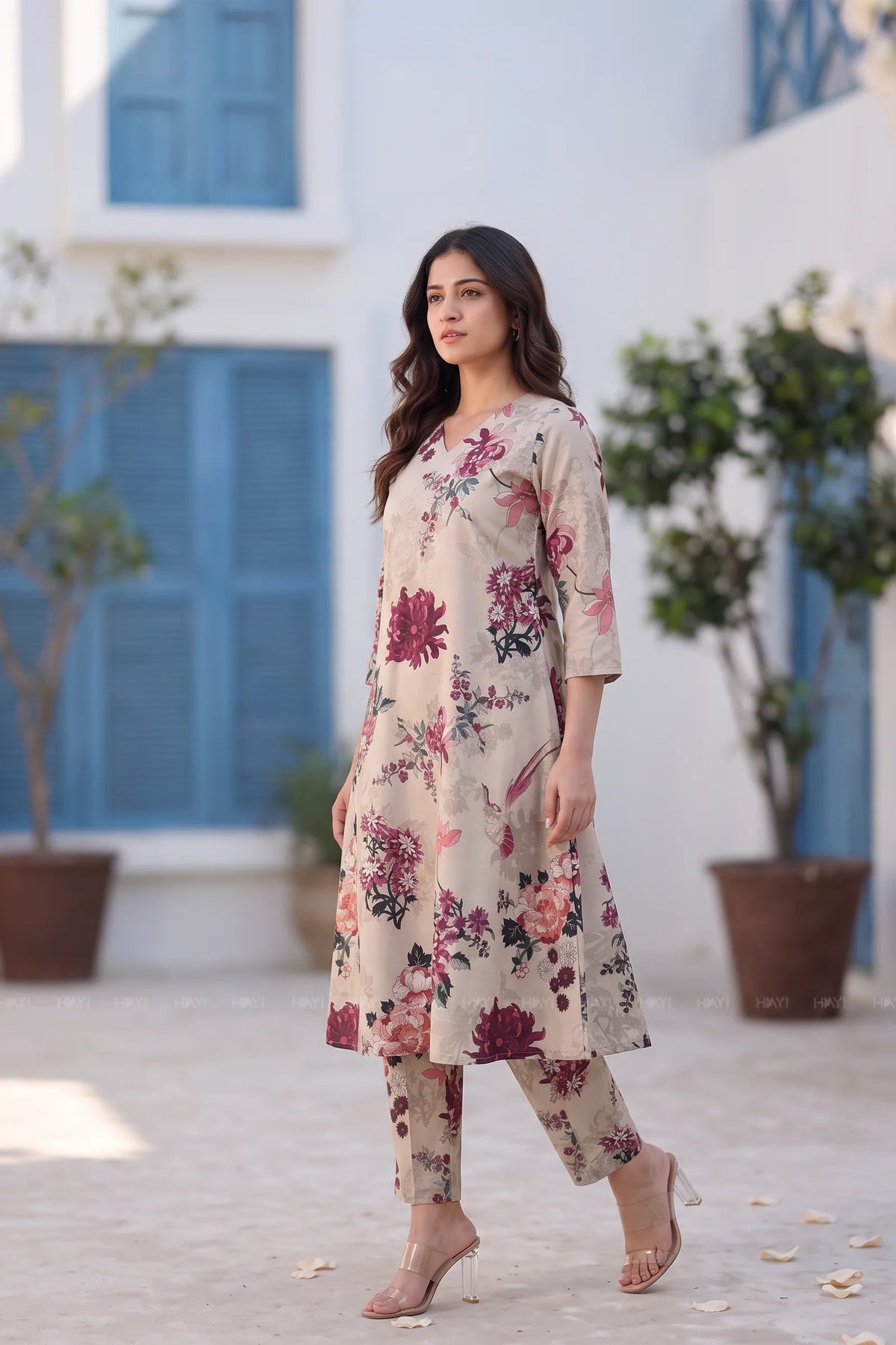 Winged Blossom White Silk Blend Printed Co-ord Set