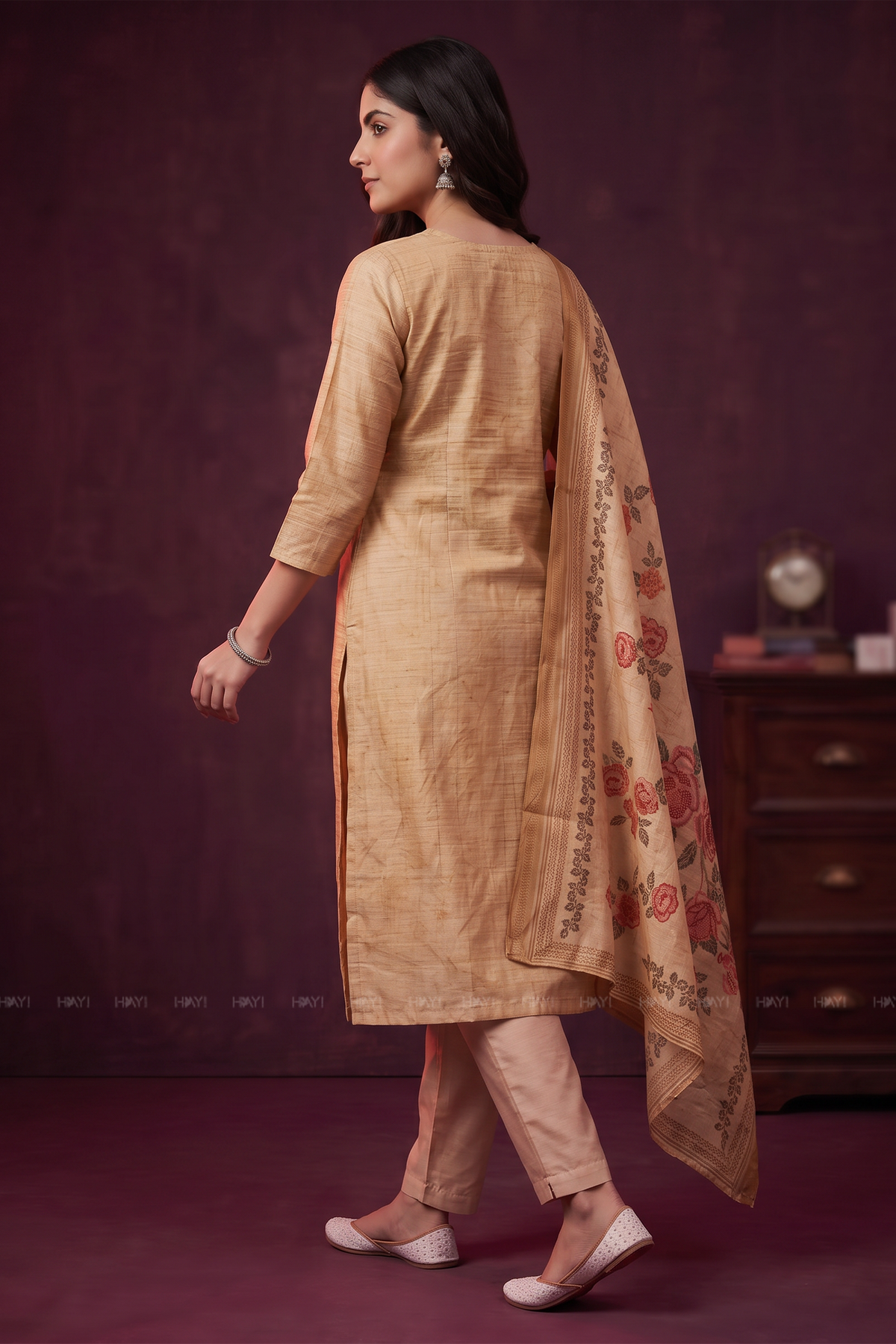 Golden Petal Yellow Tussar Silk Blend 3-Piece Printed Kurta Set