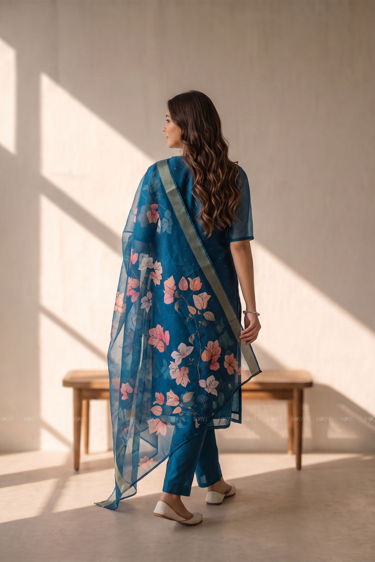 Ocean Blossom Blue Silk Blend Butti Printed 3-Piece Kurta Set