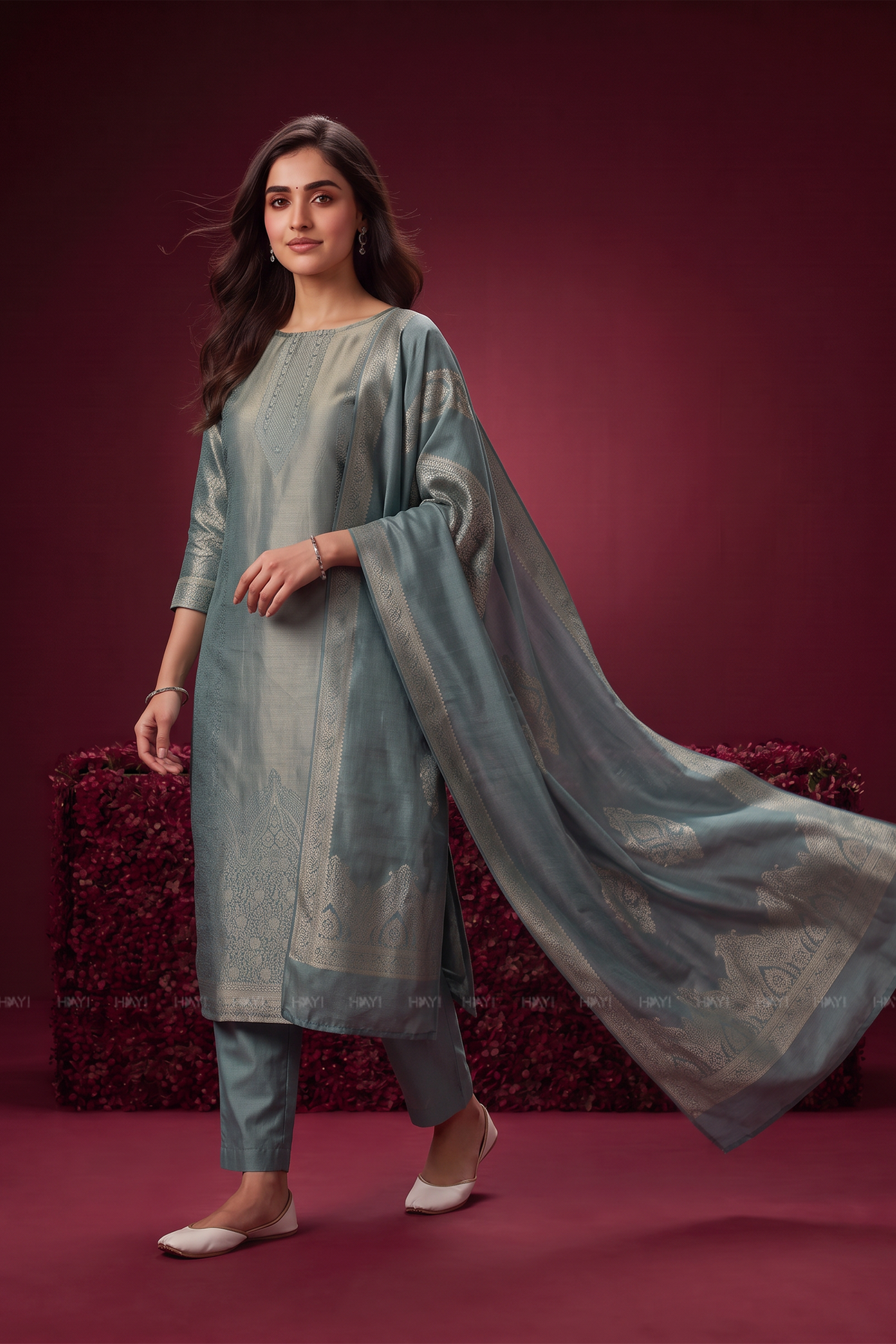 Aavira Ice Blue Silk Blend Jacquard 2 Piece set
