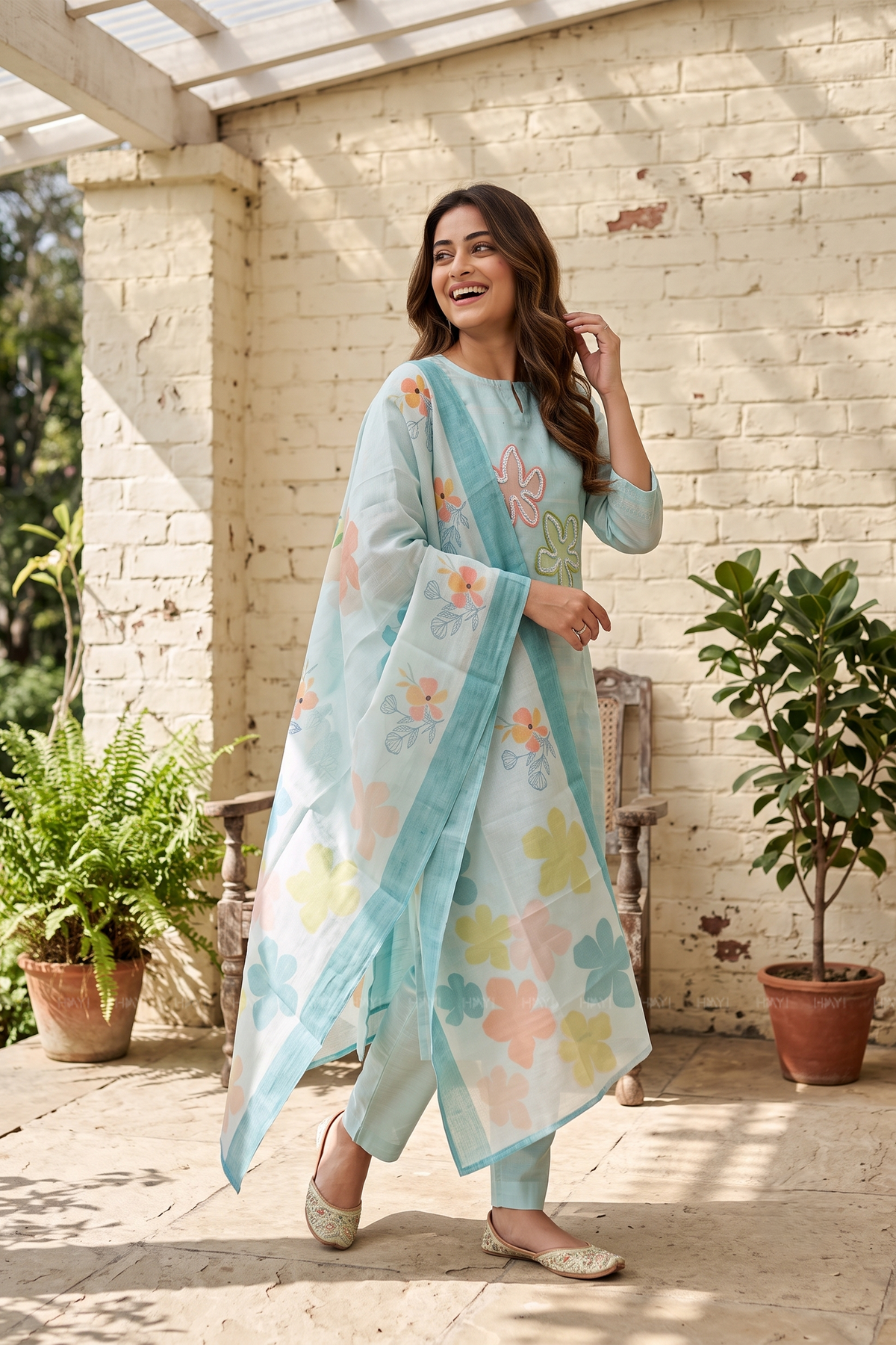 Blueish Blue 3 Piece Tussar Silk Blend Printed Hand-Embroidered Kurta with Pant & Dupatta