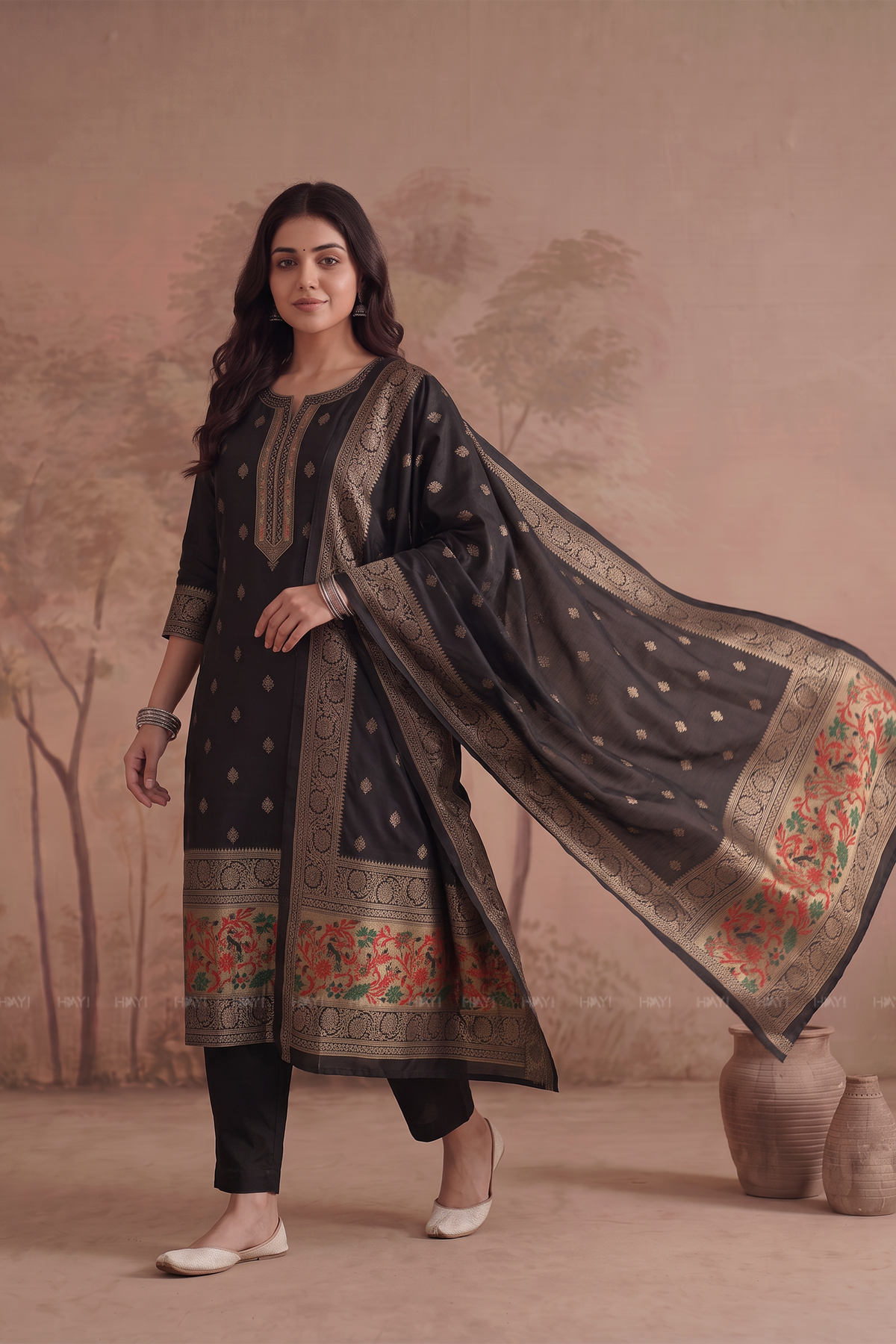 Obsidian Grace Black Silk Blend Woven 3-Piece Kurta Set