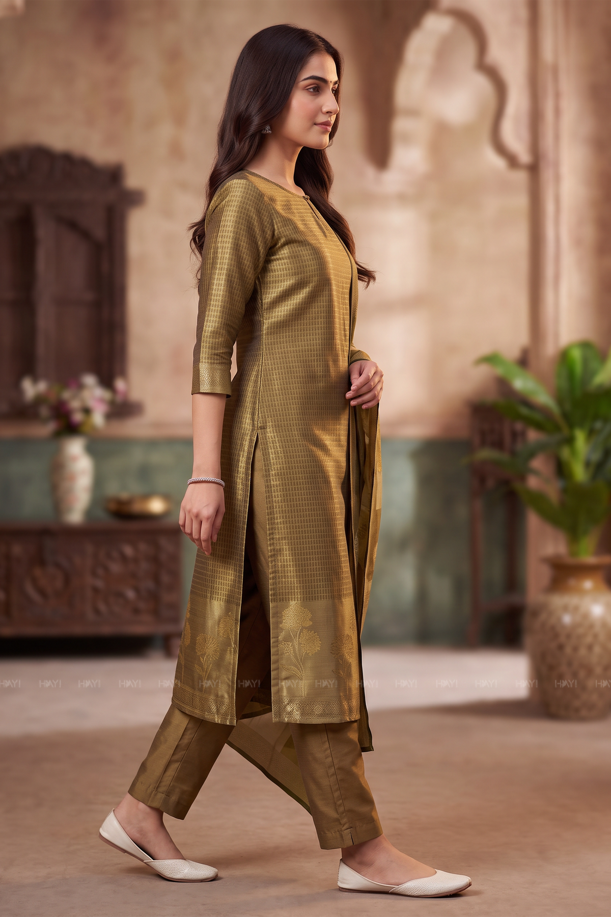 Gilded Meadow Golden Yellow Silk Blend Jacquard 2-Piece Set
