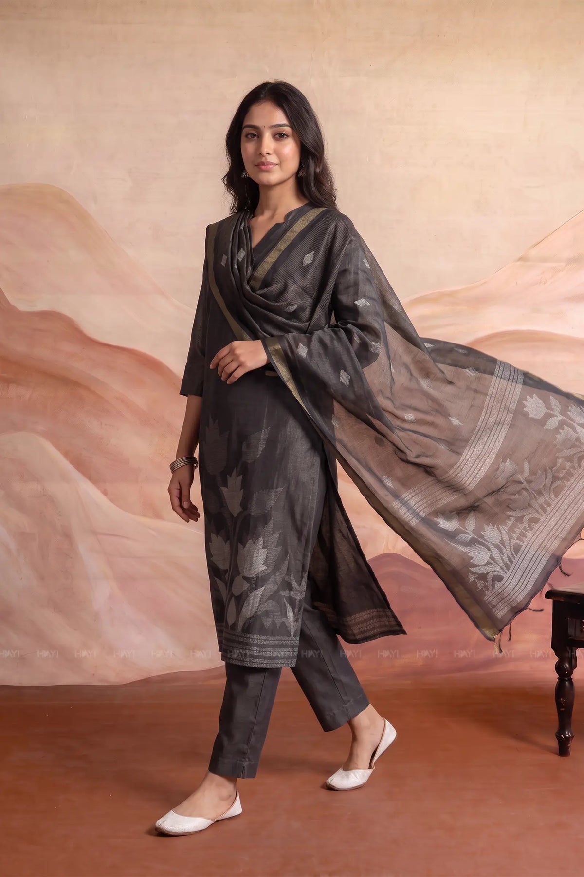 Celestial Drift Black Silk Blend 3-Piece Kurta Set with Dupatta