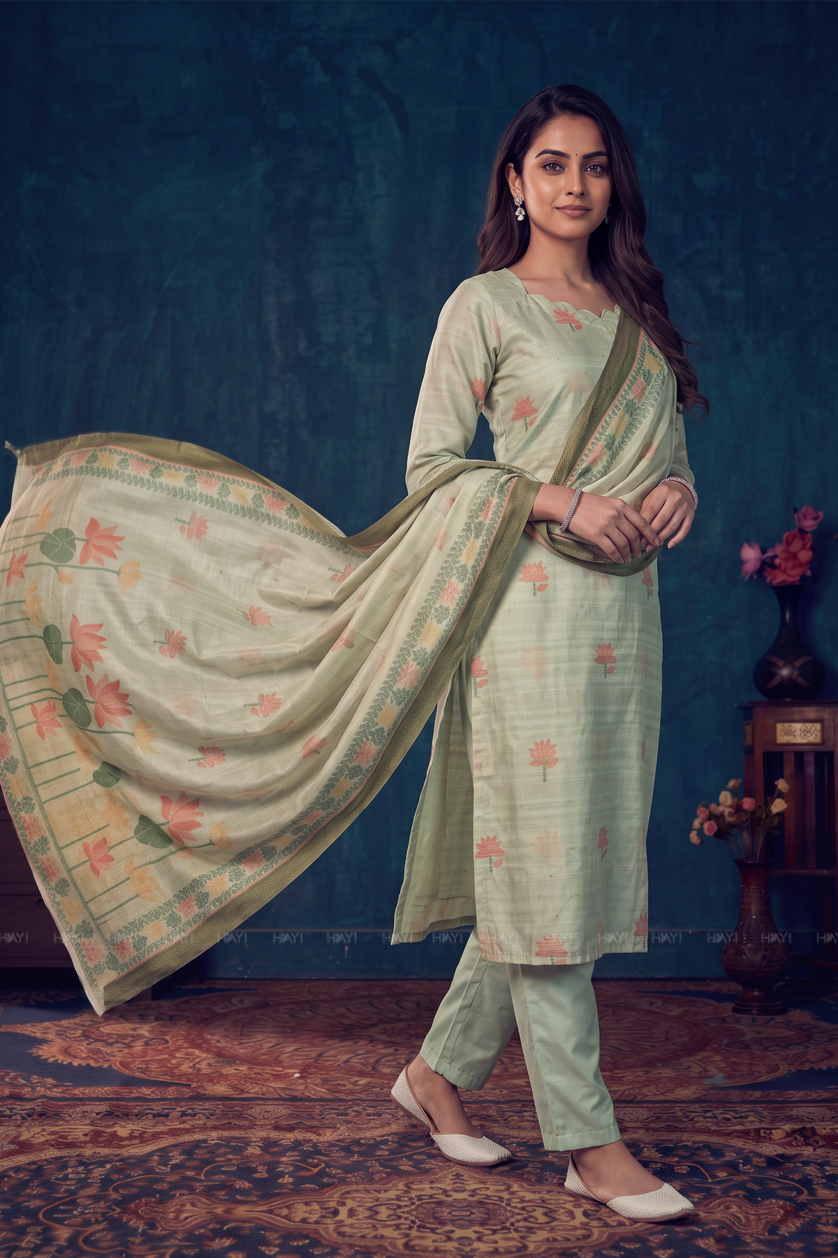 Petal Breeze Green Tussar Silk Blend 3-Piece Printed Kurta Set