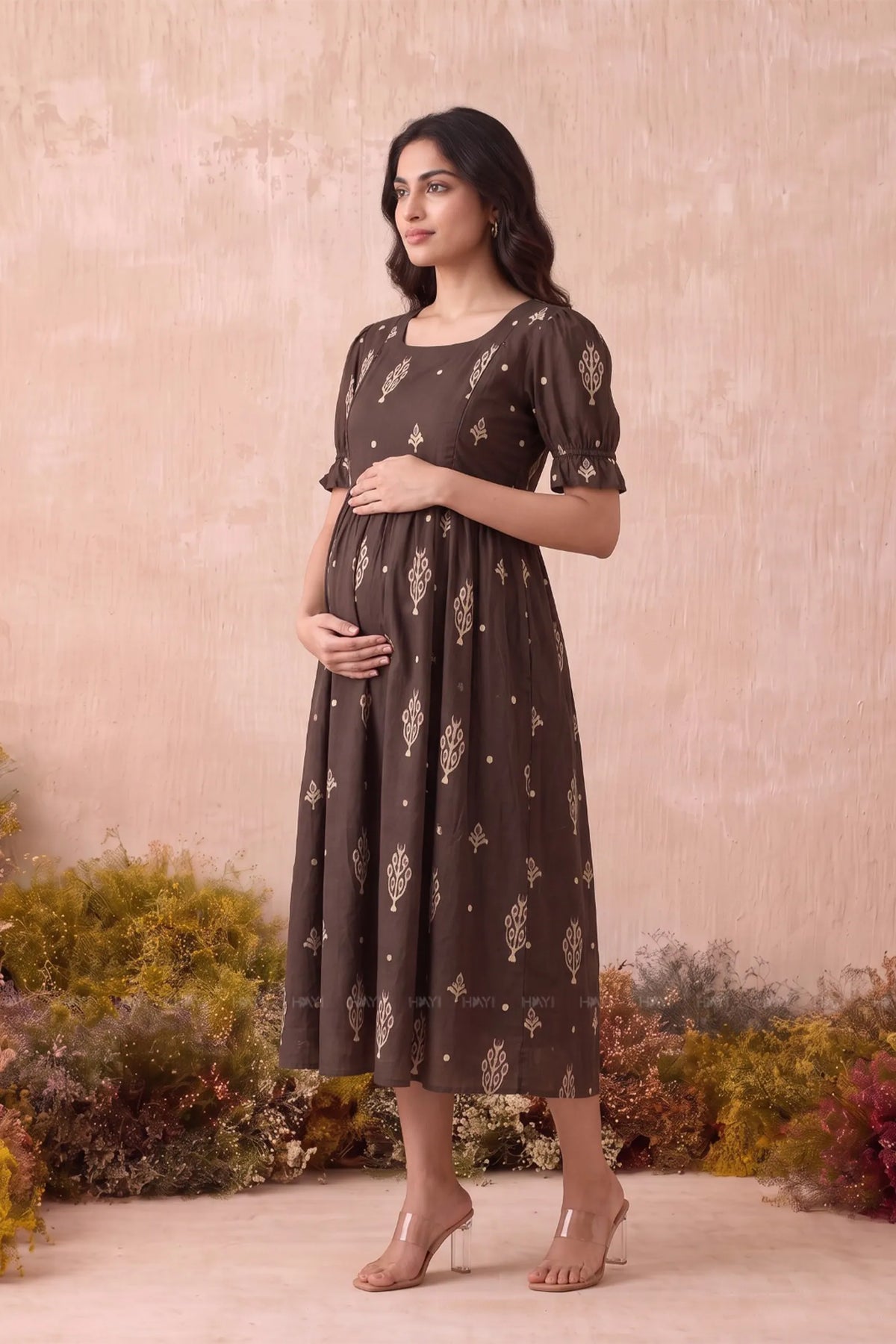 Rustic Bloom Brown Printed Maternity Maxi Dress