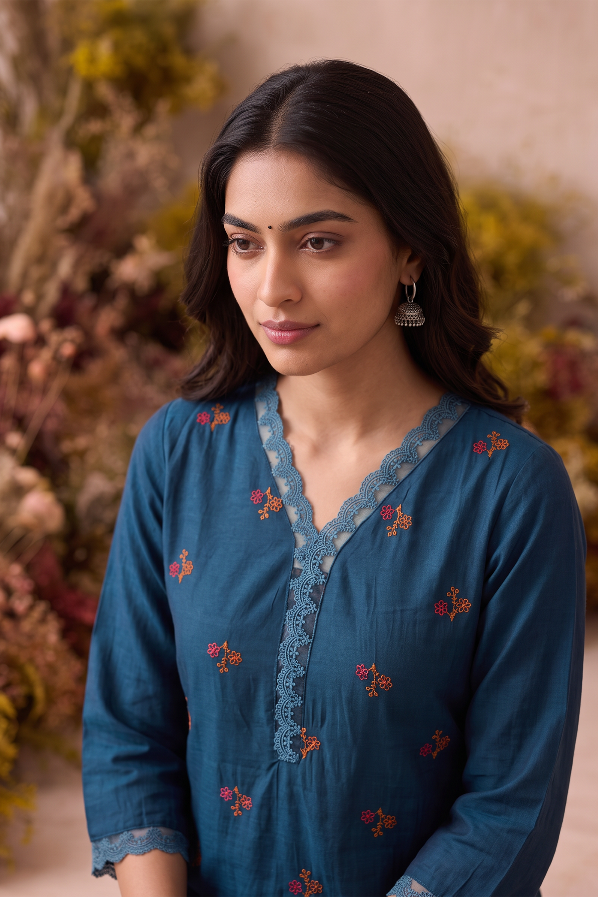 Floral Laceway Teal Silk Blend Embroidered 3-Piece Kurta Set