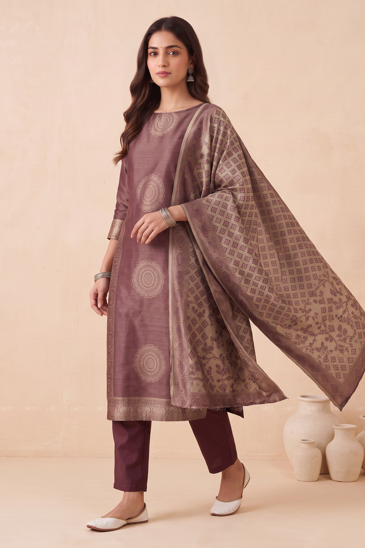 Zaribloom Maroon Silk Blend Jacquard 2-Piece Set