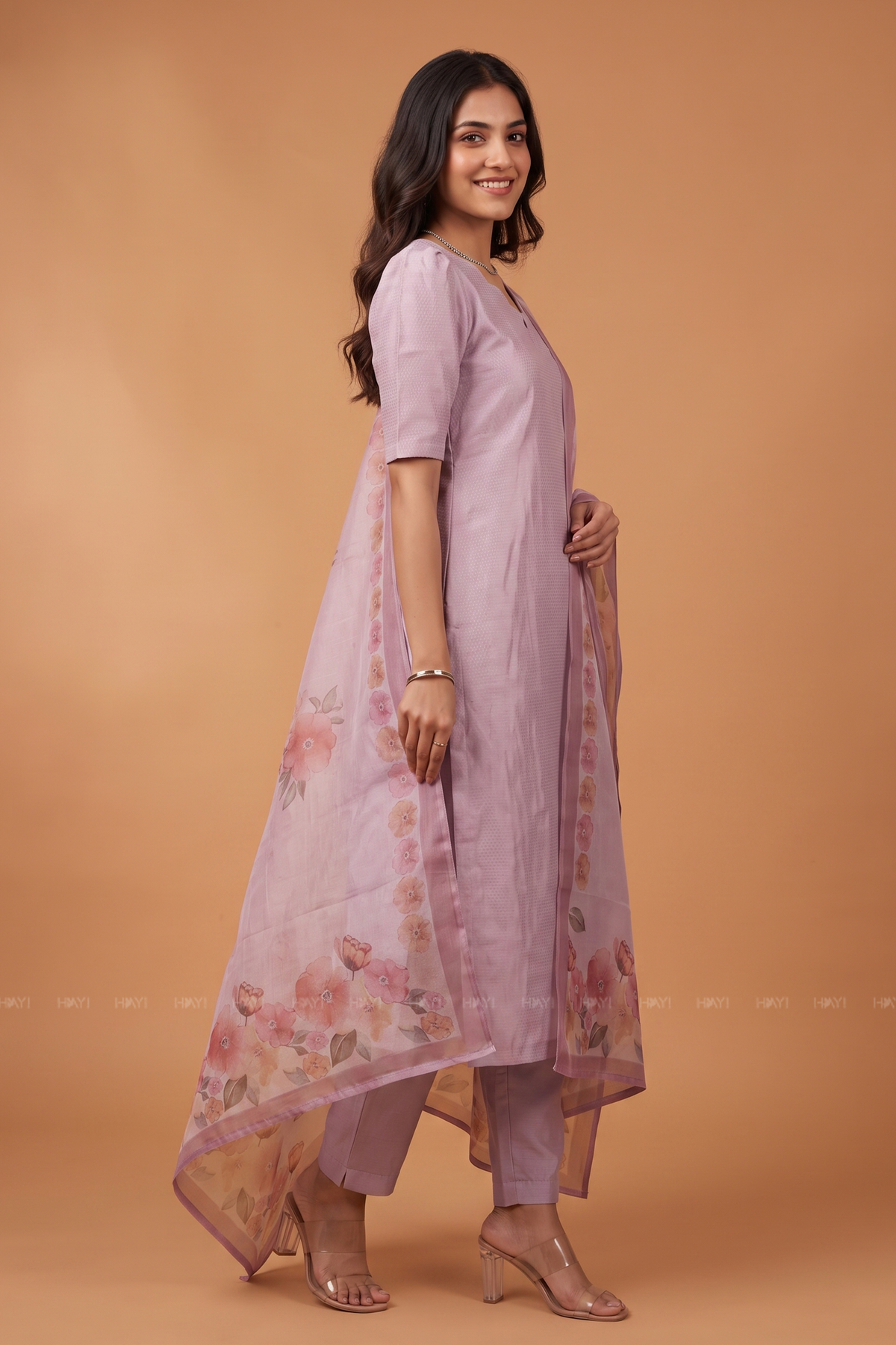 Lilac Blossom 3 Piece Crush Silk Blend Hand-Embroidered Kurta with Pant & Dupatta