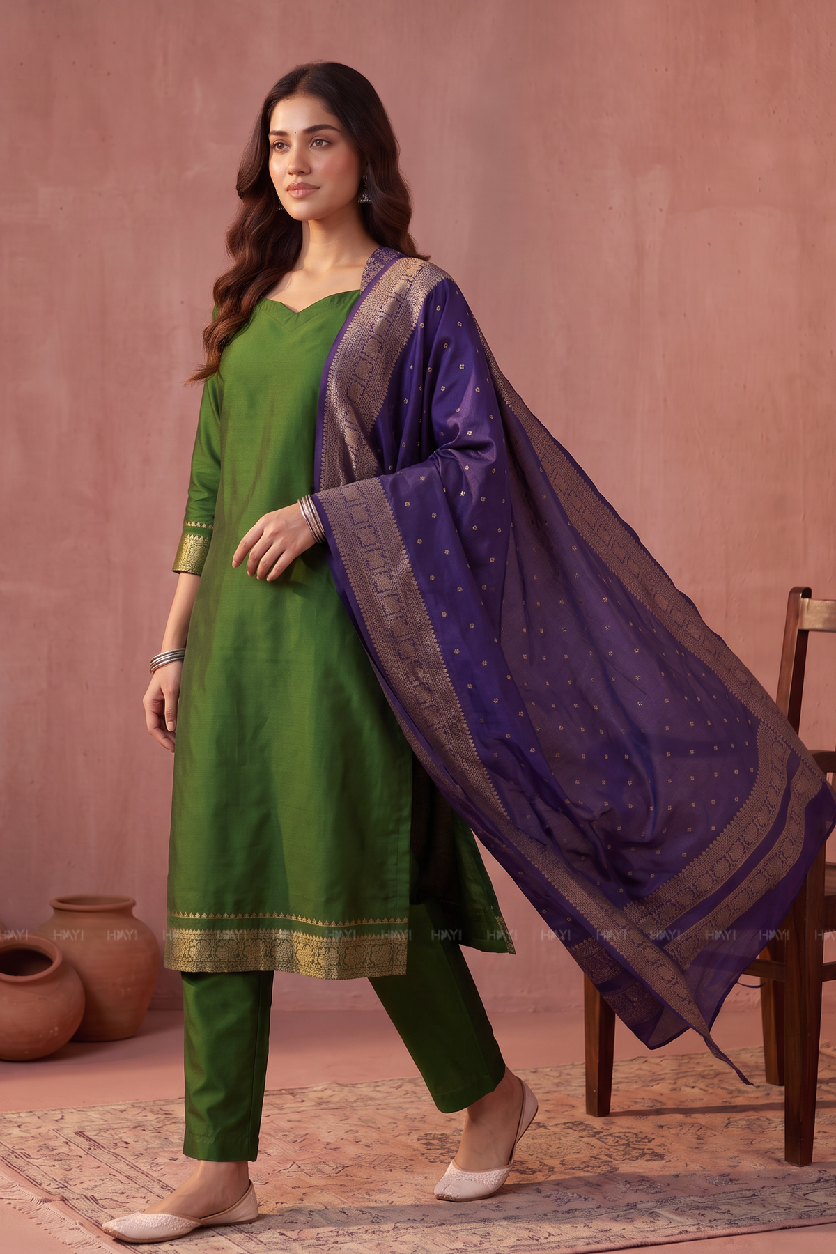 Heritage Hues Green Silk Blend 3-Piece Woven Kurta Set