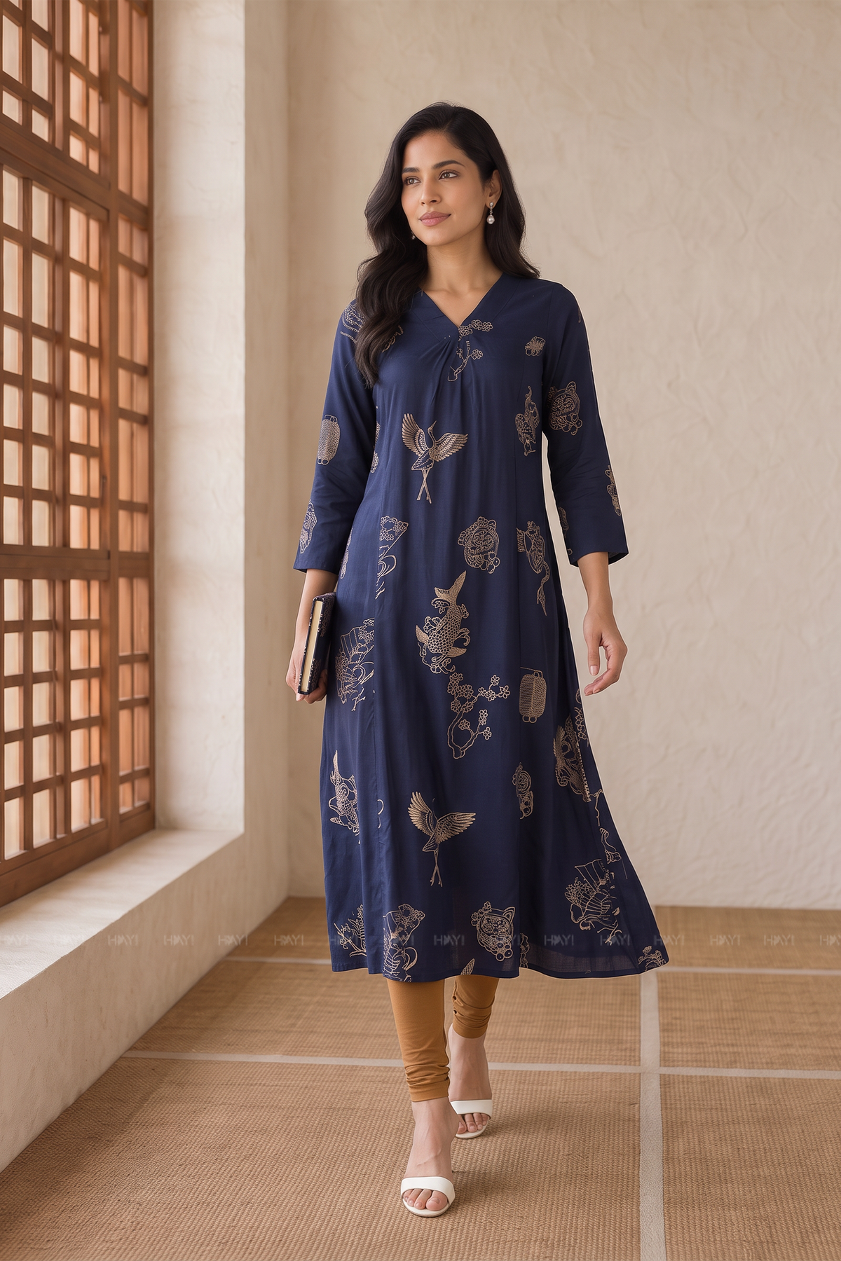 Midnight Crane Printed A-Line Kurta