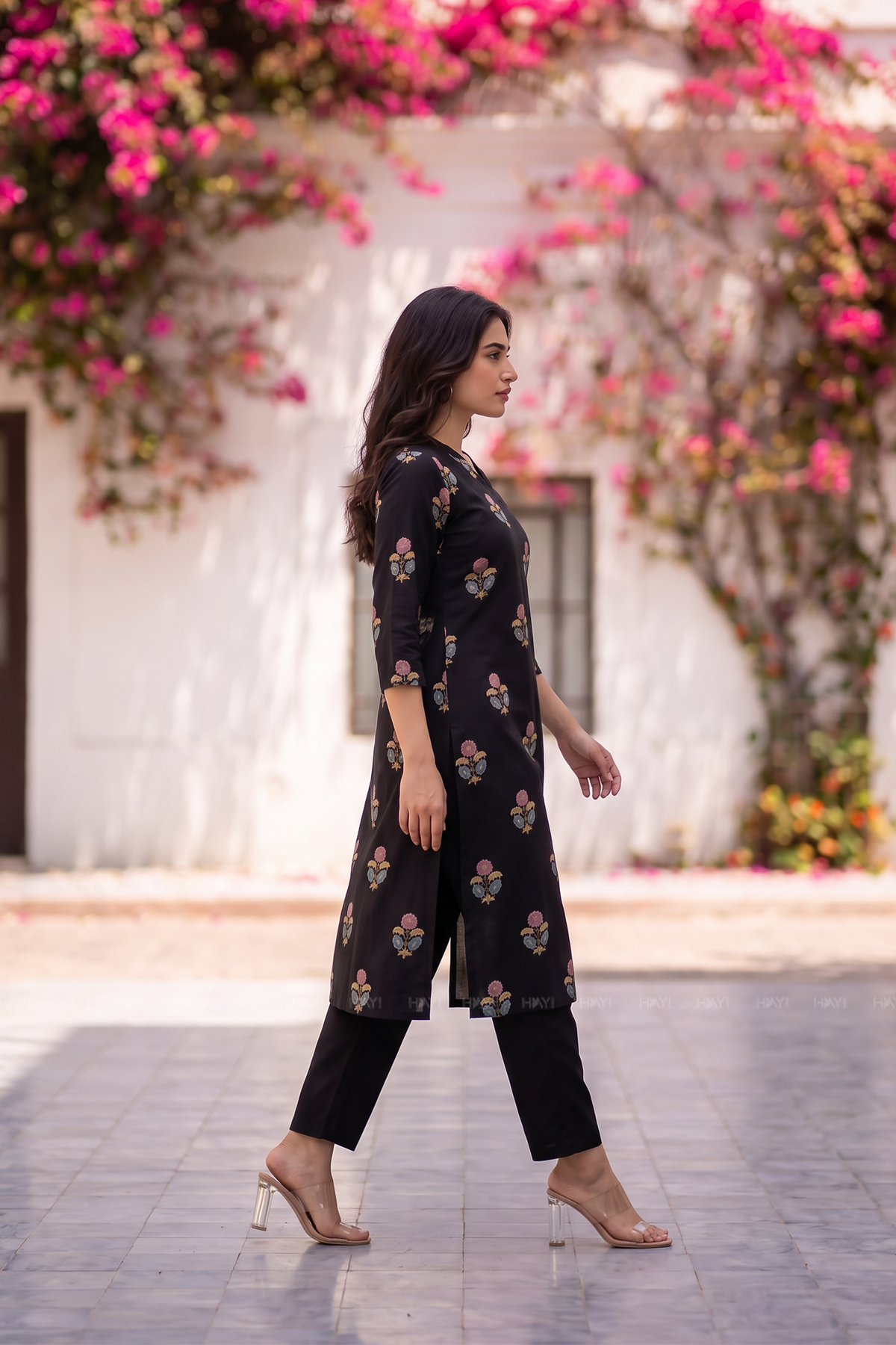 Floral Reverie Black Viscose Printed Kurta