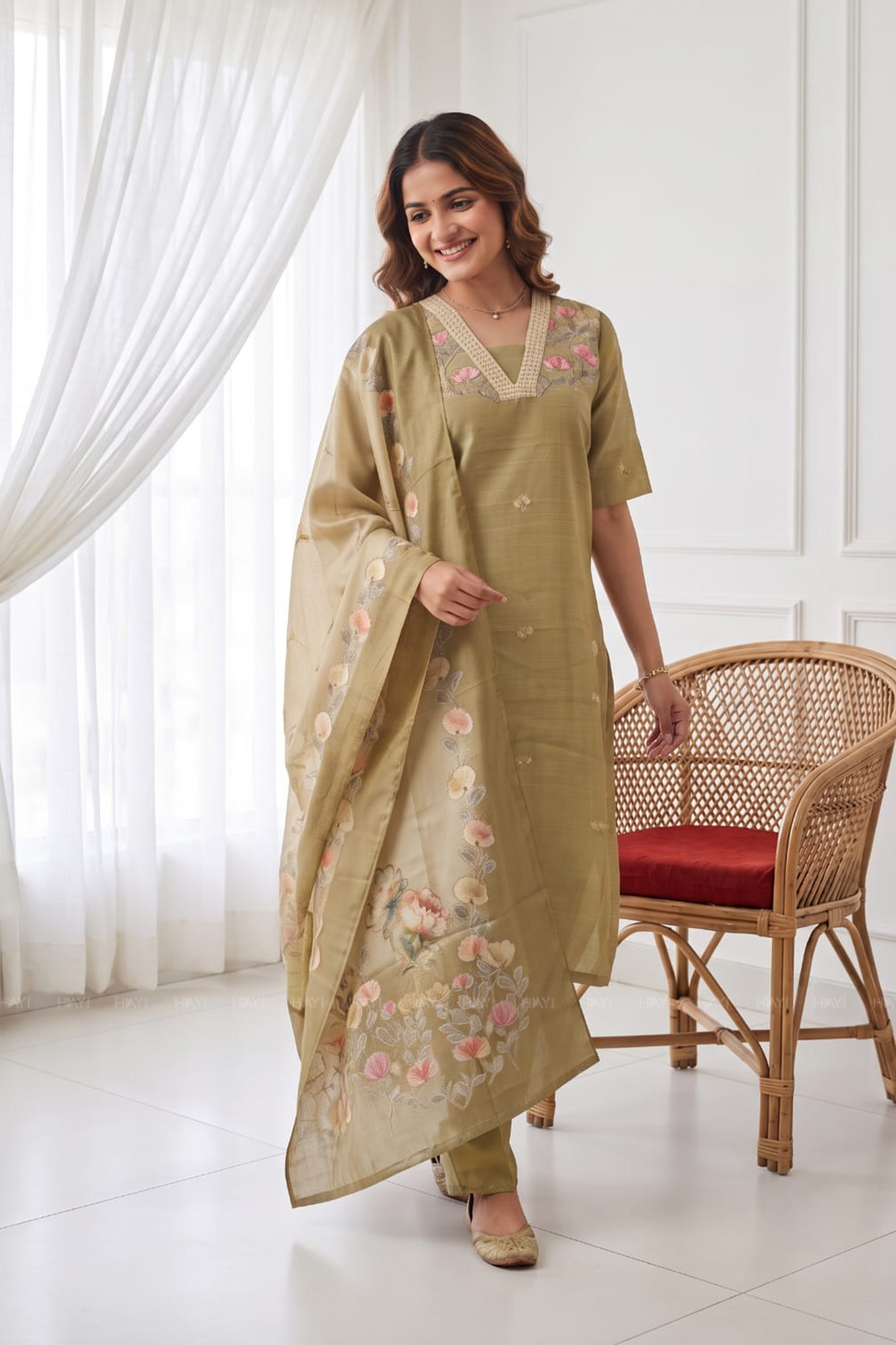 Classic Natural Yellow 3-Piece Tussar Silk Blend Floral Hand-Embroidered Kurta with Pant & Dupatta