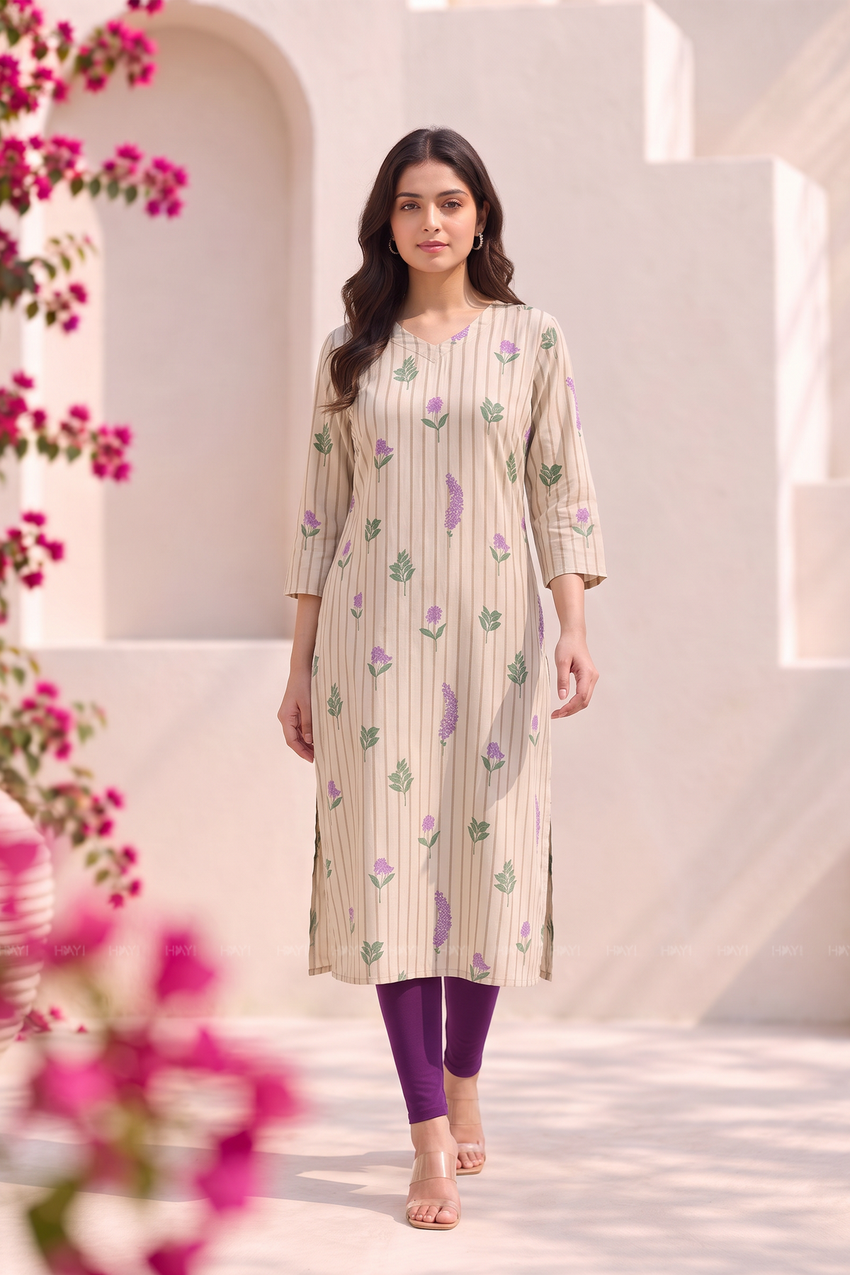 Ivy Bloom Beige Viscose Floral Printed Kurta