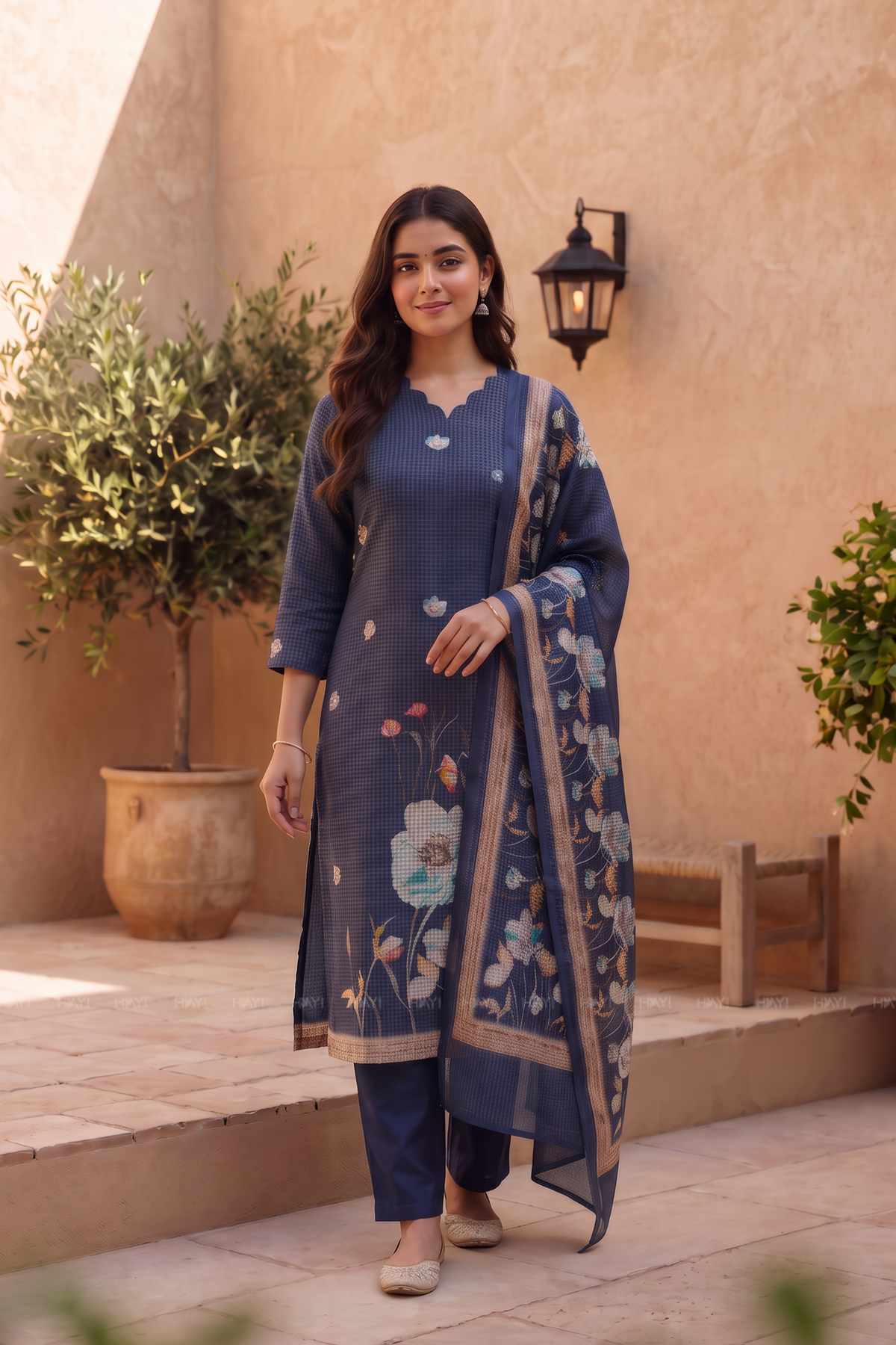 Navy Elegance Navy Silk Blend Printed 3-Piece Kurta Set