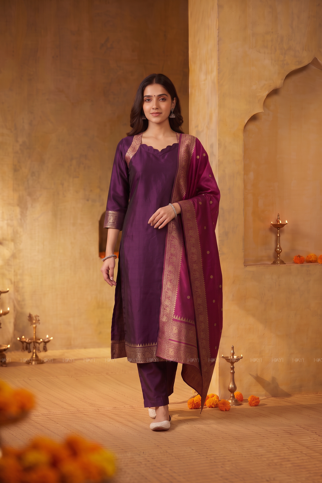 Royal Tapestry Purple Silk Blend 3-Piece Woven Kurta Set