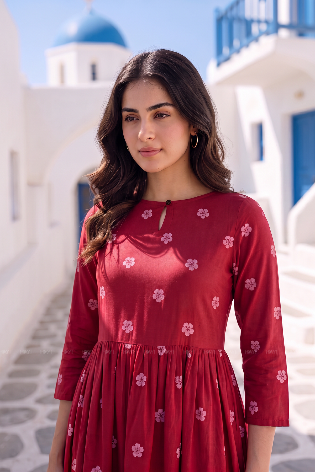 Ruby Meadow Red Viscose Printed Umbrella Dress