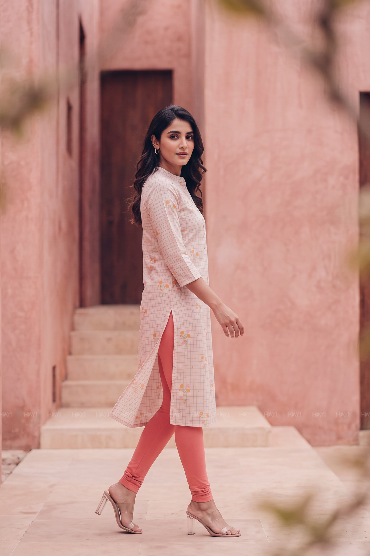 Bloom Grid Beige Linen Blend Floral Printed Kurta with Chinese Collar
