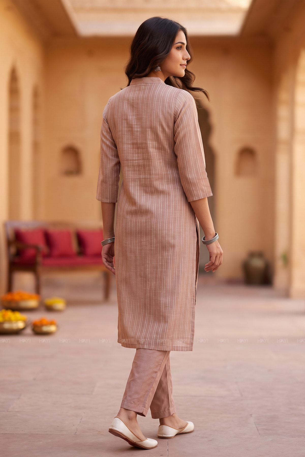 Rose Grace Beige Tussar Silk Blend 3-Piece Printed Kurta Set