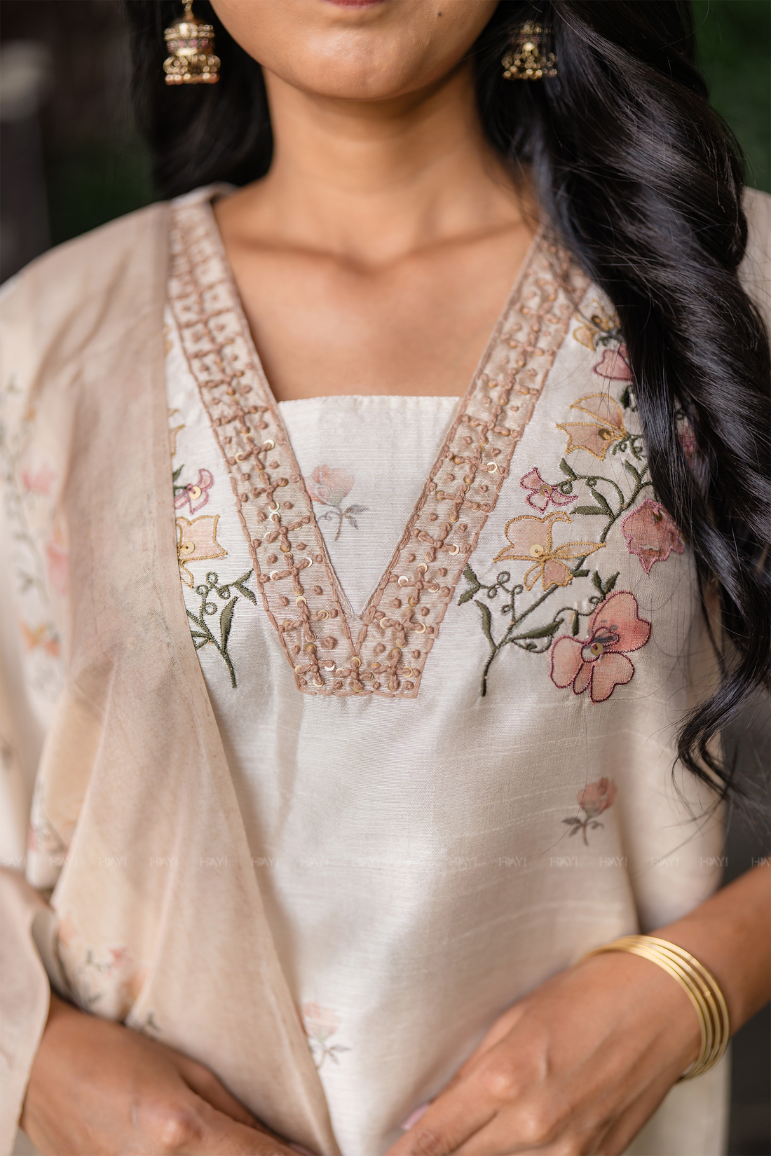 Ivory Grace Embroidered & Printed 3 Piece Tussar Silk Blend Kurti Set with Dupatta