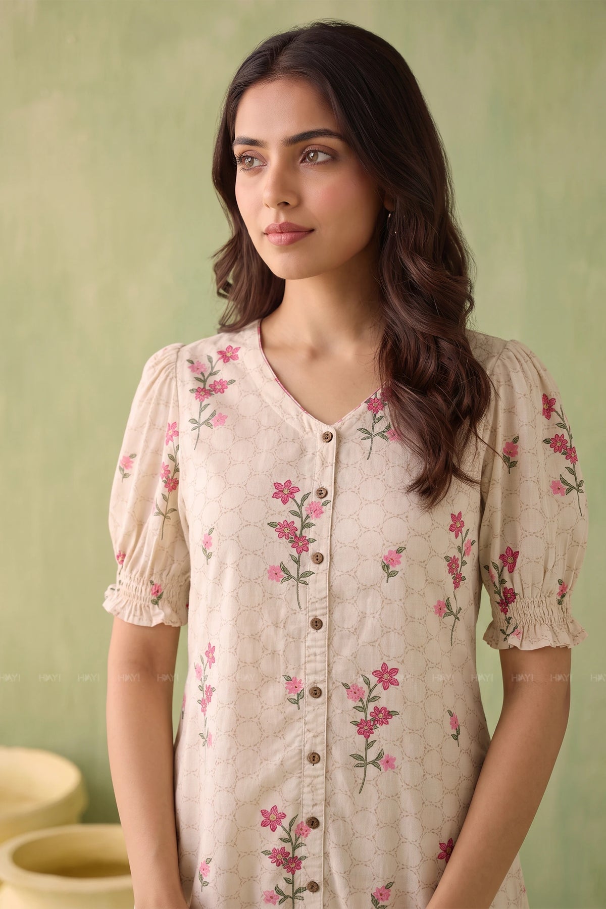 Little Flora Beige Floral Printed Viscose A-Line Kurta
