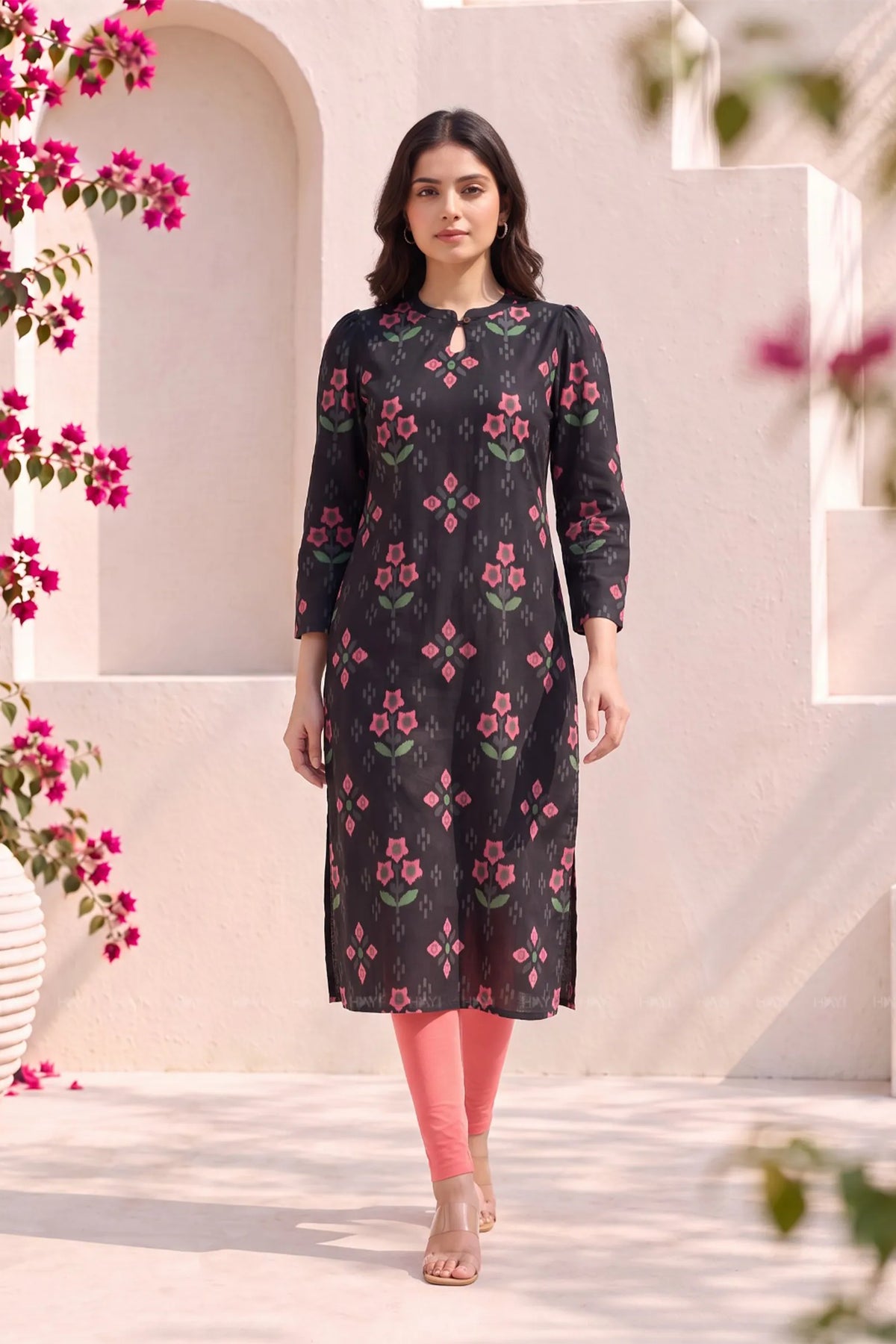 Charcoal Flora Black Printed Viscose Kurta
