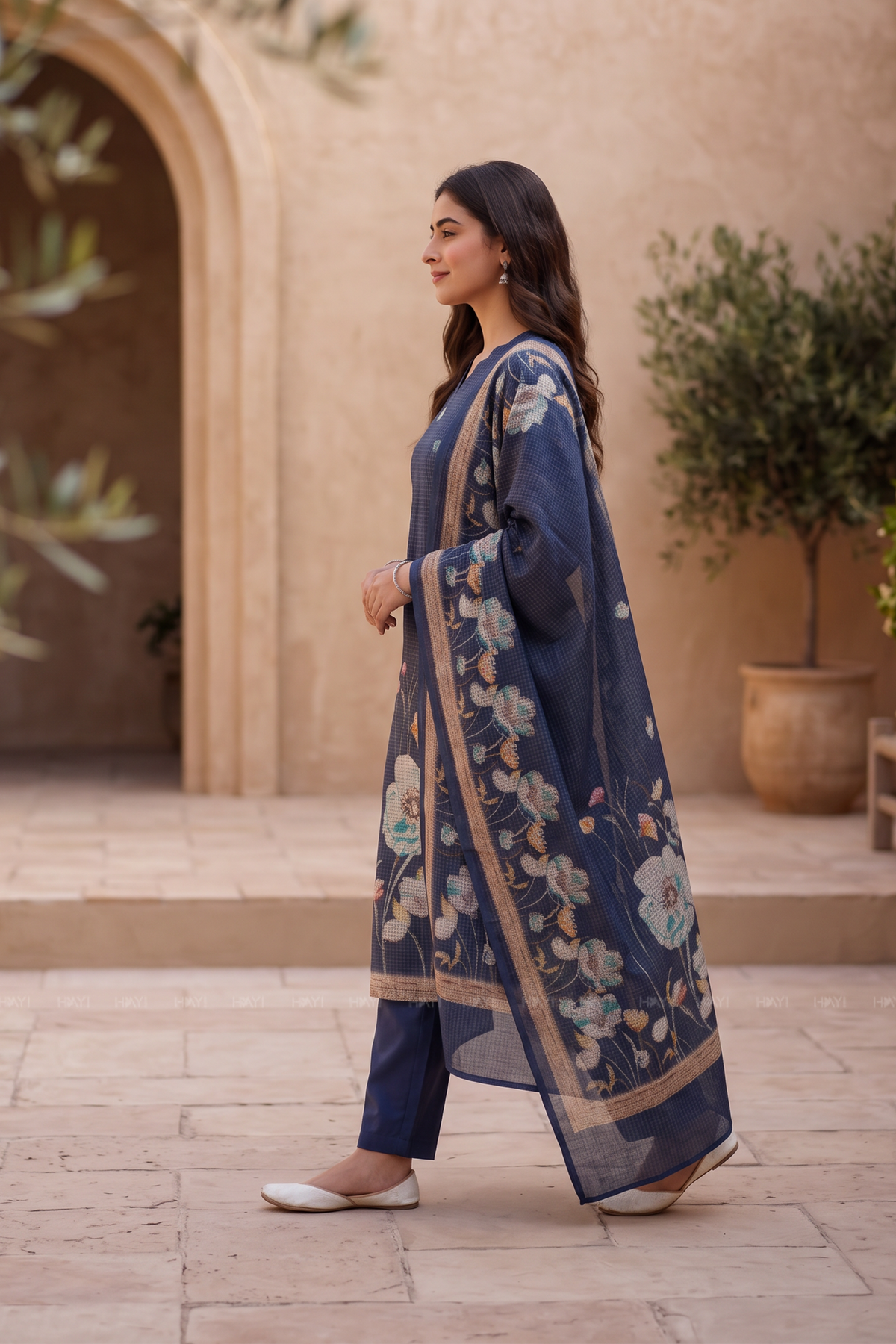 Navy Elegance Navy Silk Blend Printed 3-Piece Kurta Set