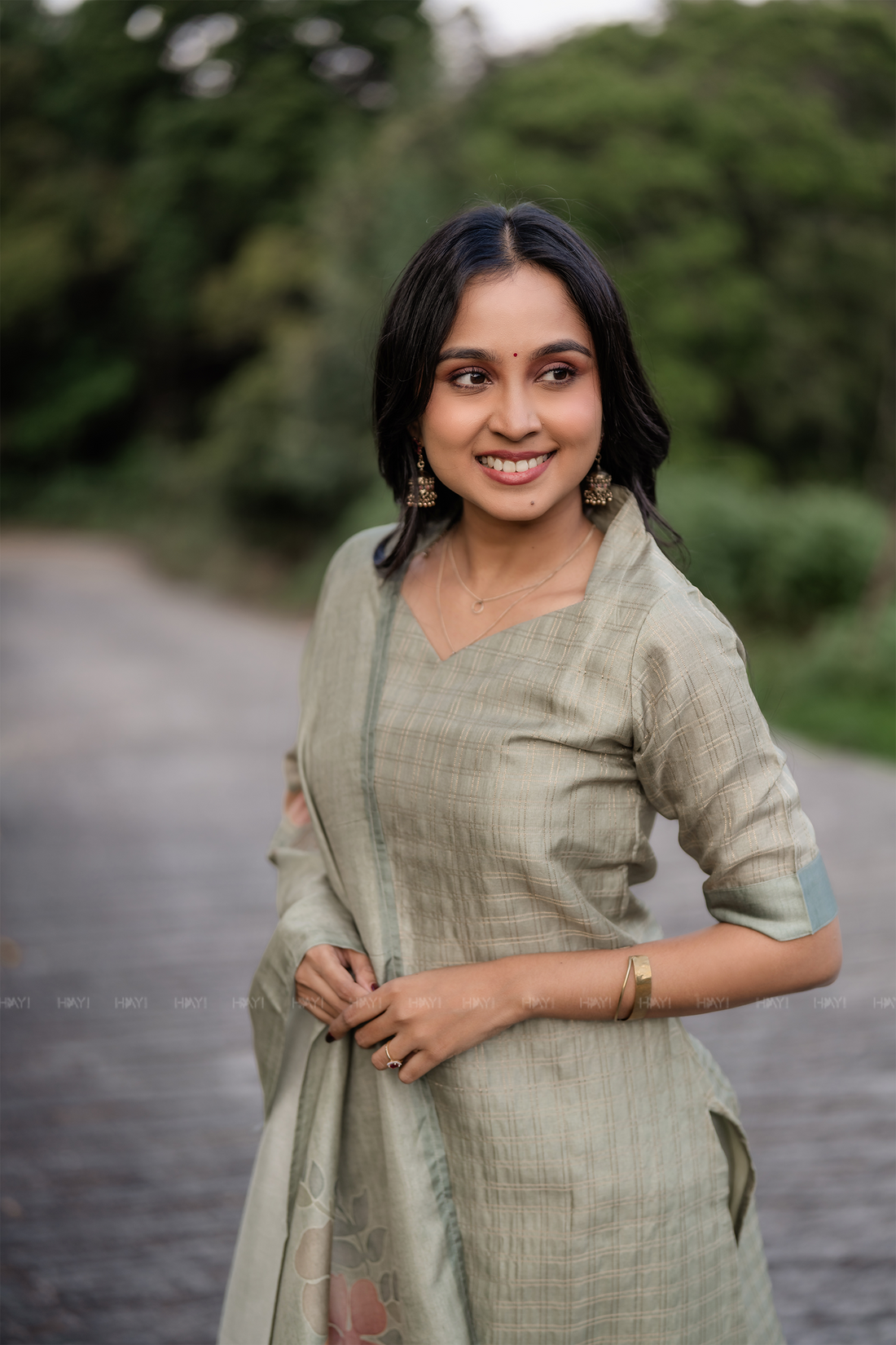 Olive Green 3 Piece Tussar Silk Printed Kurta Set with Dupatta
