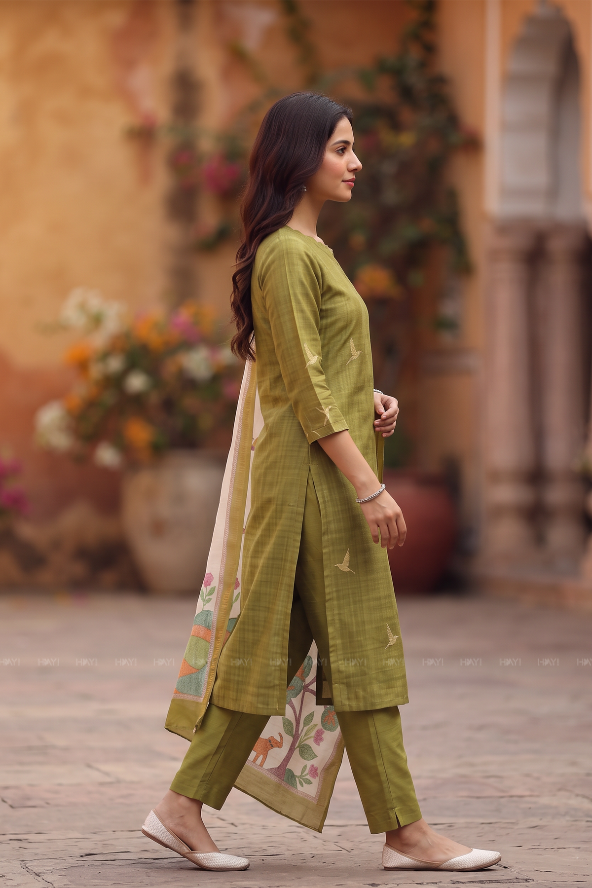 Lime Petals Green Tussar Silk Blend 3-Piece Printed Kurta Set