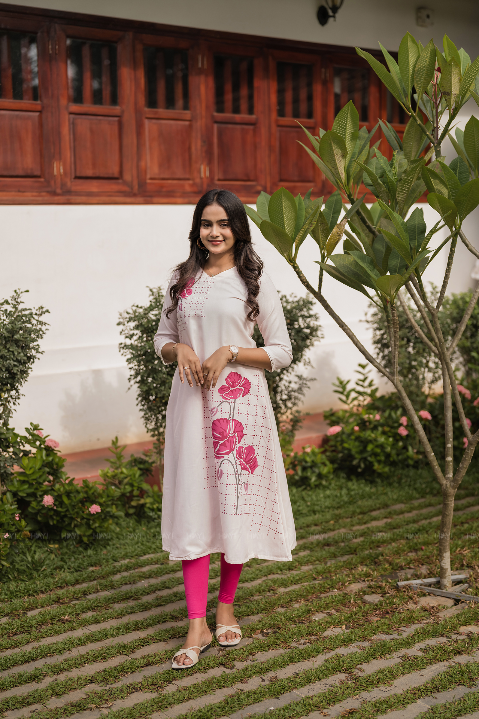 Rosecheck Path Beige Linen Blend Printed A-Line Dress