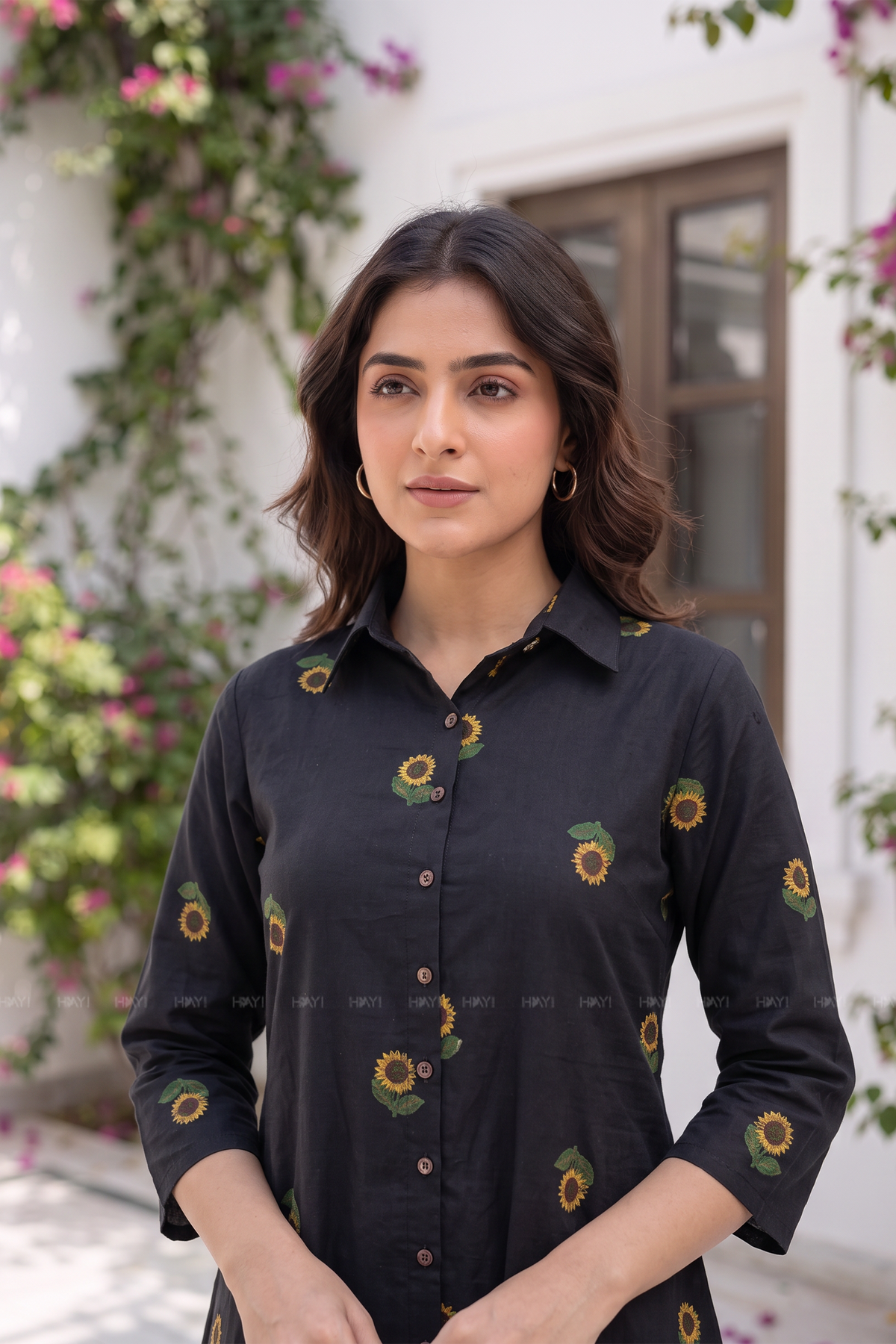 Sunflower Muse Black Cotton Flax Printed Co-ords Set